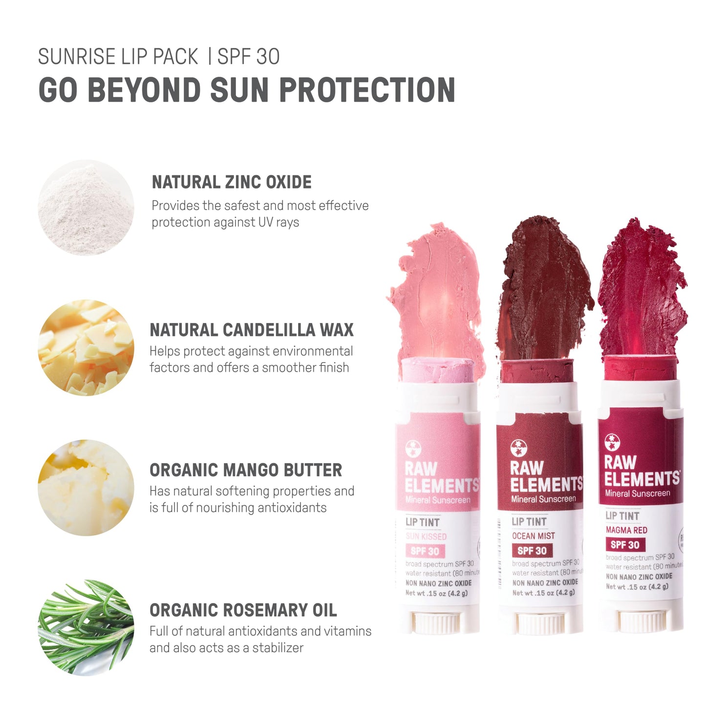 Raw Elements Tinted Lip Sun Kissed, Ocean Mist, Magma Red SPF 30 .15 oz Sunrise Pack Beauty & Personal Care Raw Elements