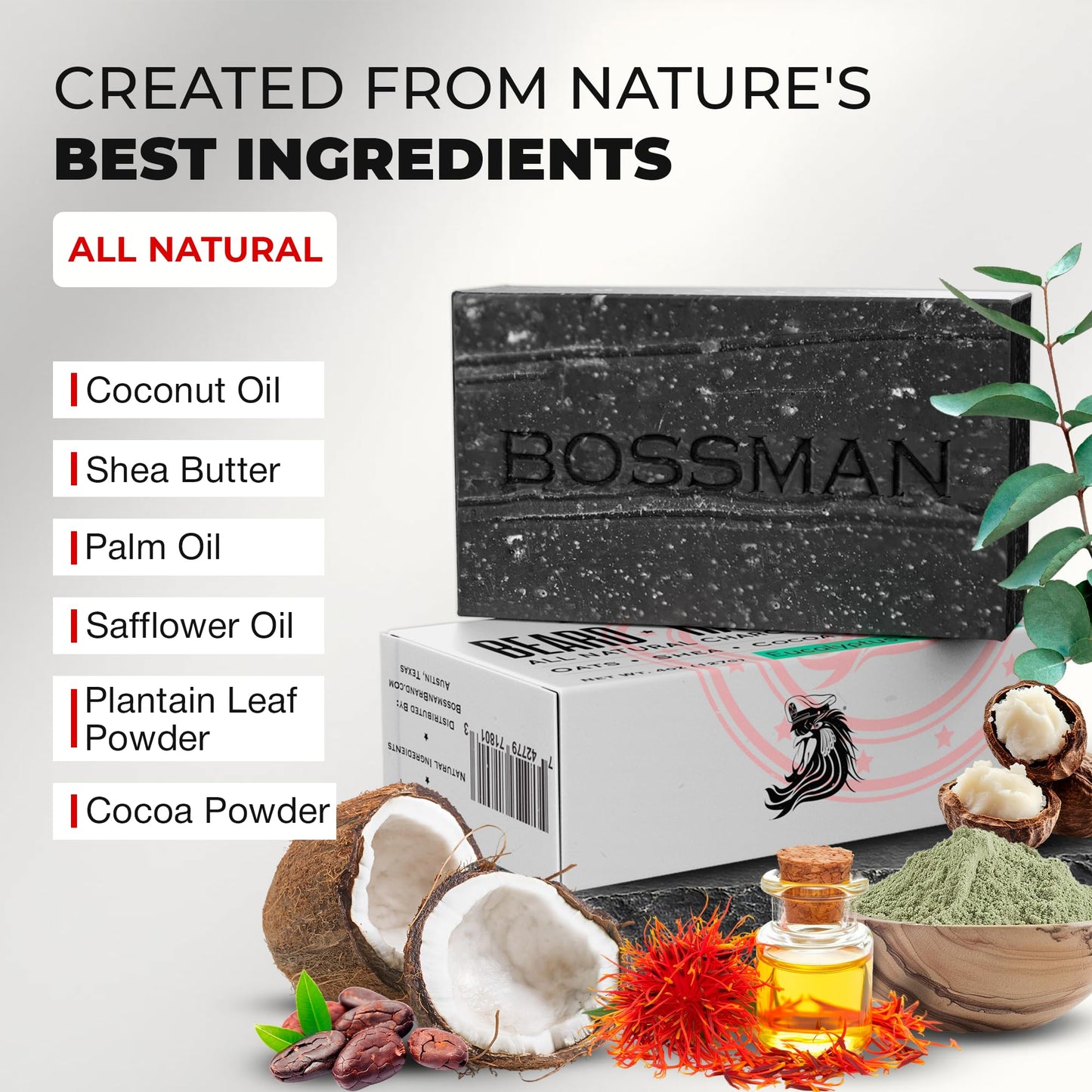 Bossman 3-Pack 4-in-1 Charcoal Soap Bar (4 oz) - Bar Soap for Men - All-Natural Beard Wash, Shampoo, Body Wash & Shaving Solution - Eucalyptus & Tea Beauty & Personal Care Bossman