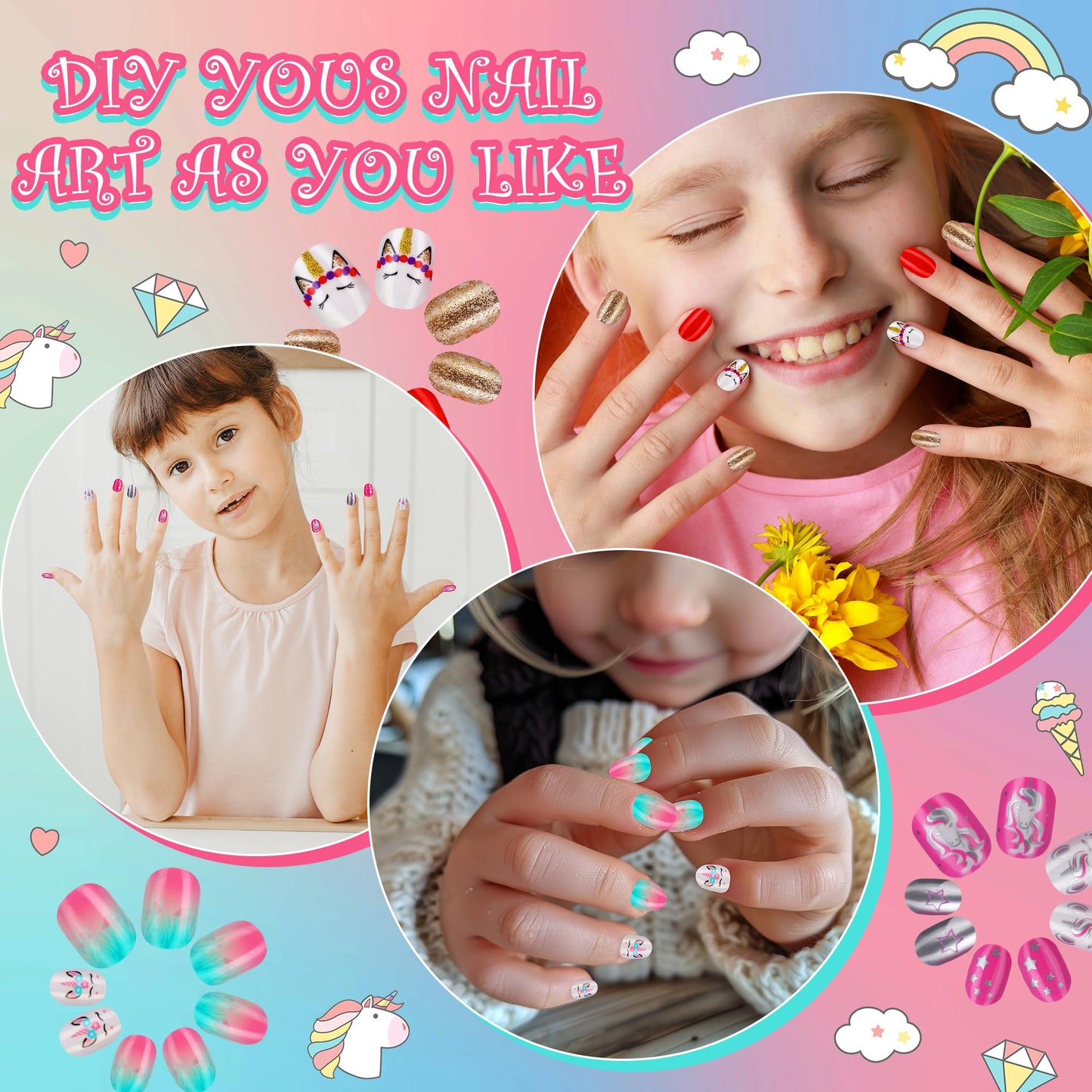 Rain Bingo 72 Pieces False Nails Press on Nails for Kids- Unicorn Short Fake Artificial Full Cover Nail Art Kits Transation with Nail Glue Tabs Beauty & Personal Care Pumkryth