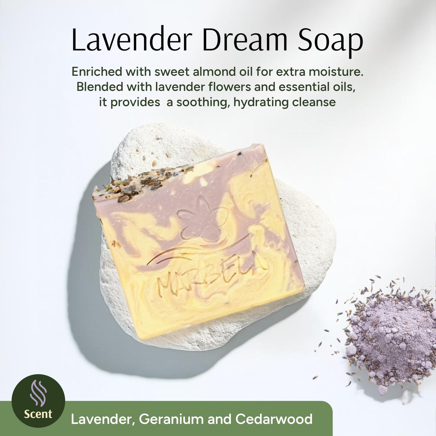 Marbela Cosmetics Lavender Dream Handmade Soap Bar - Made in USA, Vegan Friendly, Palm Oil Free, Natural Bar Soap - Gentle Face & Body Soap for Daily Beauty & Personal Care Marbela