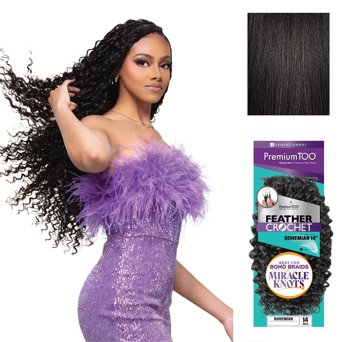 Sensationnel PremiumToo Feather Crochet Braids-Bohemian,14in, 1B OFFBLACK