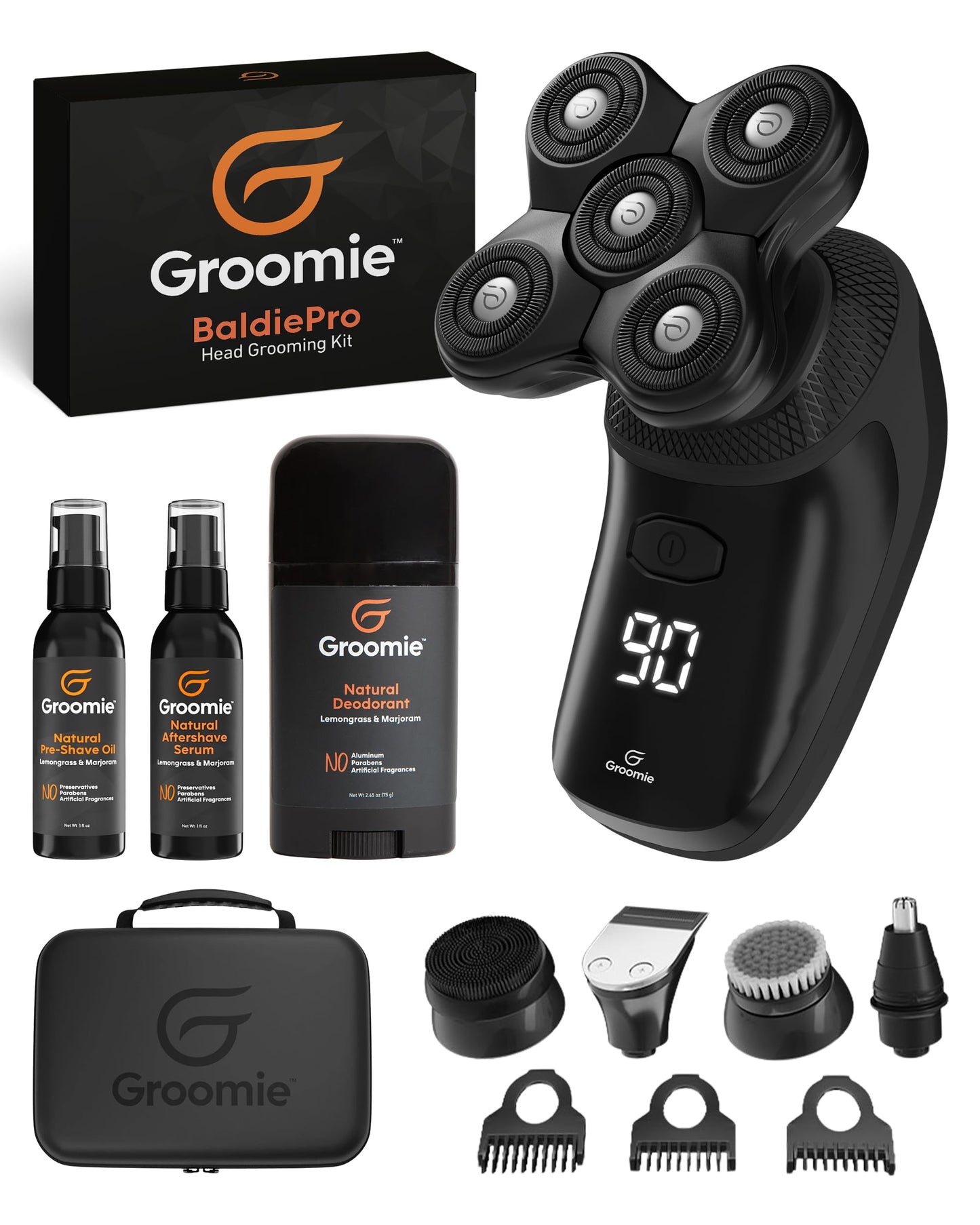 Groomie Crispy AF, Shaving & Grooming Kit for Bald Men - Set Includes BaldiePro Electric Razor, Pre-Shave Oil, Aftershave, Deodorant & Travel Carrying Beauty and Personal Care Groomie