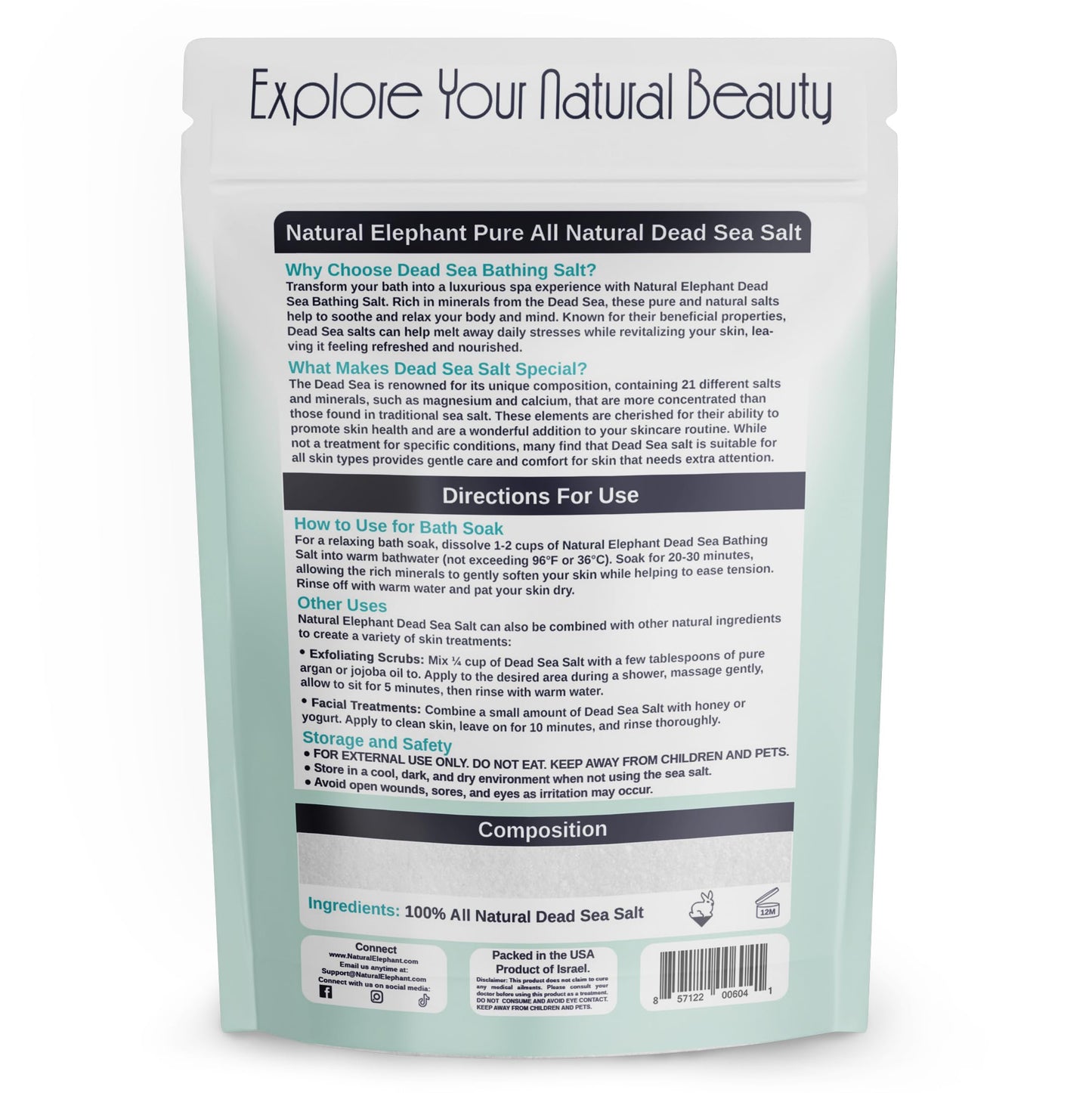 Natural Elephant Dead Sea Salt for Soaking & Bathing - 2 Pound Bag - Fine Grain - 100% Natural and Pure Beauty and Personal Care Natural Elephant