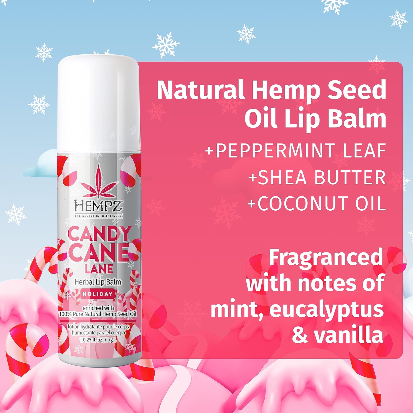 Hempz Limited Edition Candy Cane Lane Lip Balm (.25 Oz) - Holiday Scented Travel Sized Moisturizing Lip Balm for Women & Men, Chapstick Moisturizer Beauty and Personal Care Hempz
