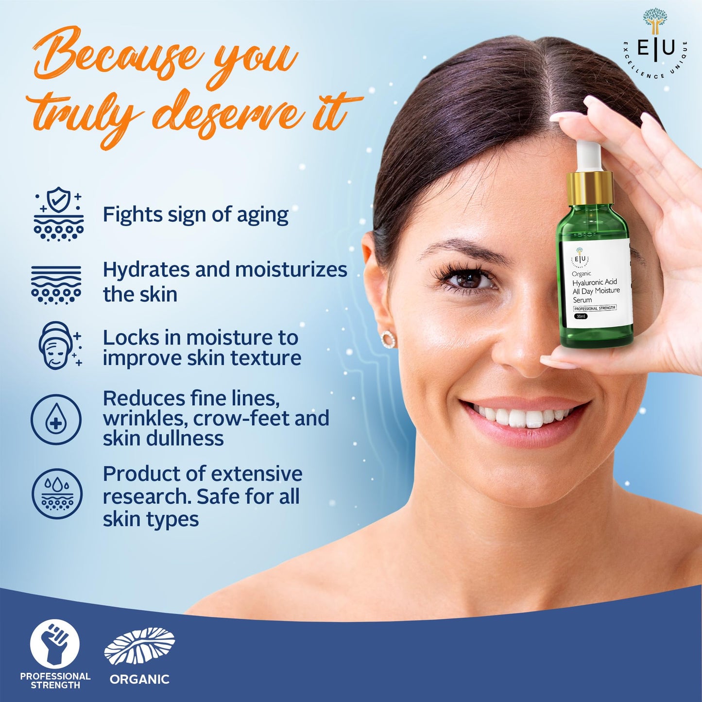 Organic Hyaluronic Acid Serum for Face - 30ml Hydrating Serum - Hyaluronic Acid Serums for Deep Moisture, Plumping & Anti-Aging Beauty & Personal Care E U EXCELLENCE UNIQUE