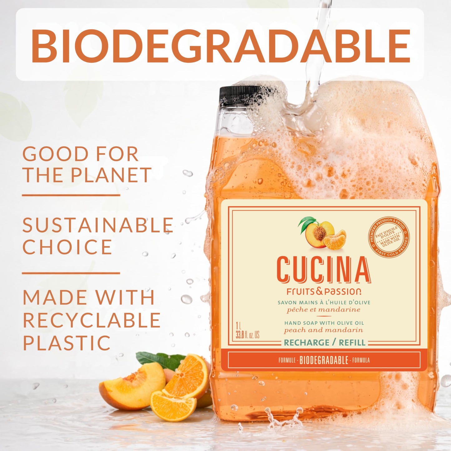 Cucina Fruits & Passion Hand Soap Refill, Peach & Mandarin, 1 L (33.8 fl oz), Liquid Hand Soap with Moisturizing Olive Oil, Biodegradable, Vegan Beauty & Personal Care Cucina