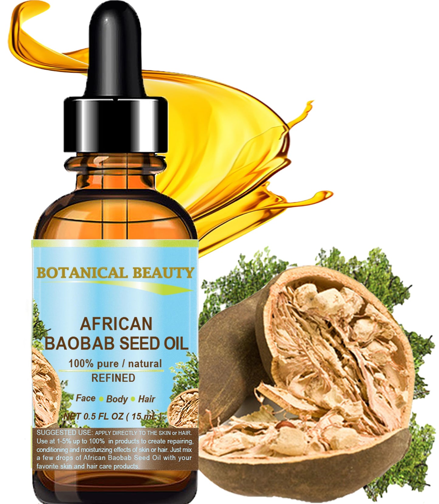 Botanical Beauty BAOBAB SEED OIL 100% Pure Natural Refined Cold-Pressed Carrier Oil 0.5 Fl oz 15 ml For Face Skin Body Hair Lip Nails Rich in Vitamin Beauty & Personal Care Botanical Beauty
