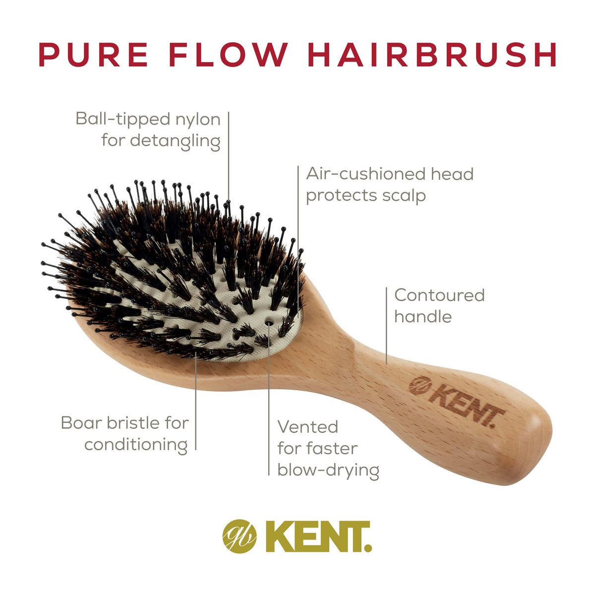 Kent LPF1 Pure Flow Oval Cushion Vented Hair Brush, FSC Certified Beech Wood Paddle Brush filled with Natural Boar Bristle and Nylon Bristle for