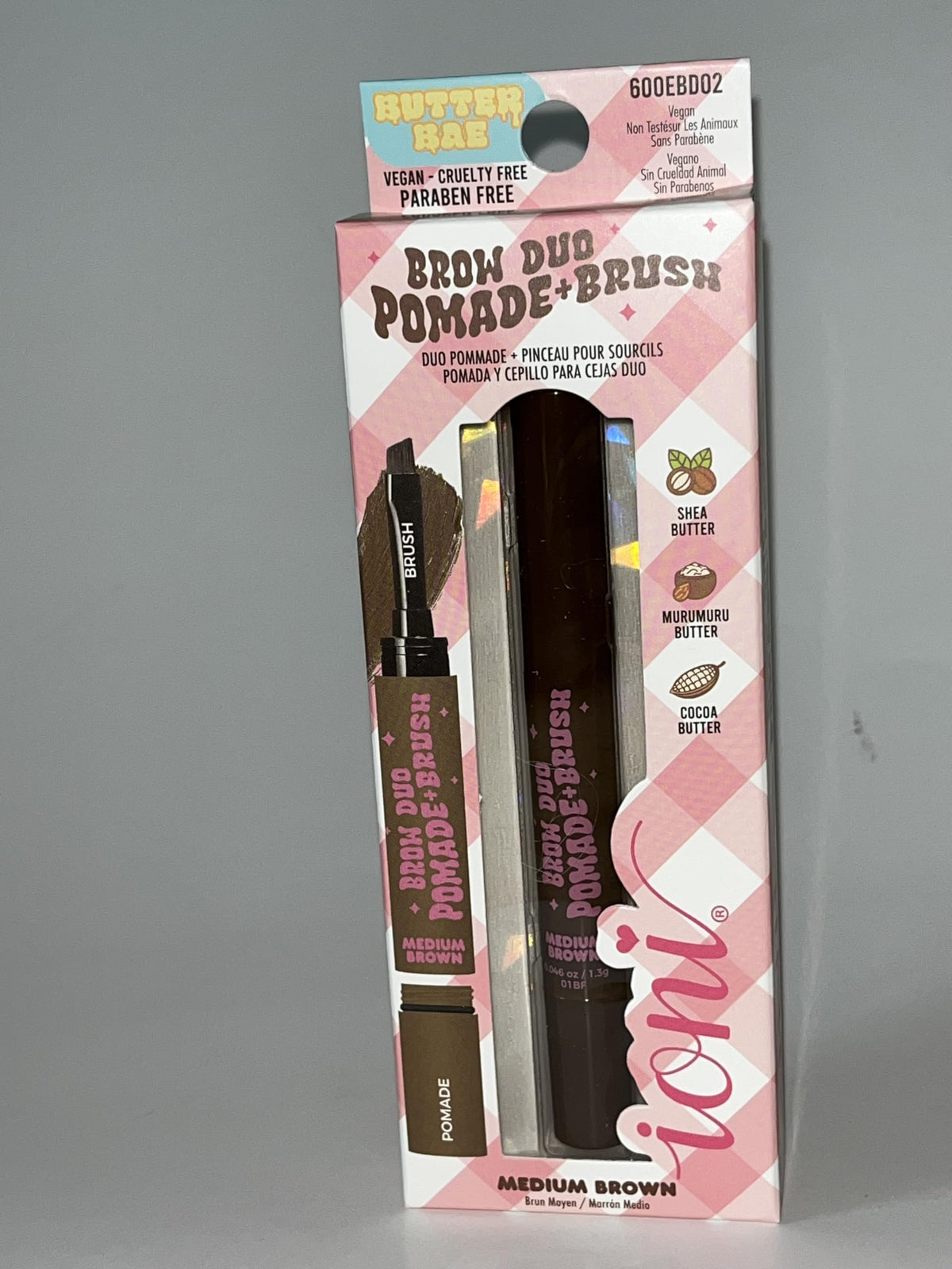 Ioni Butter Bae Brow Duo Pomade + Brush, Medium Brown, Matte Finish, Vegan, Cruelty Free, Cream Formula
