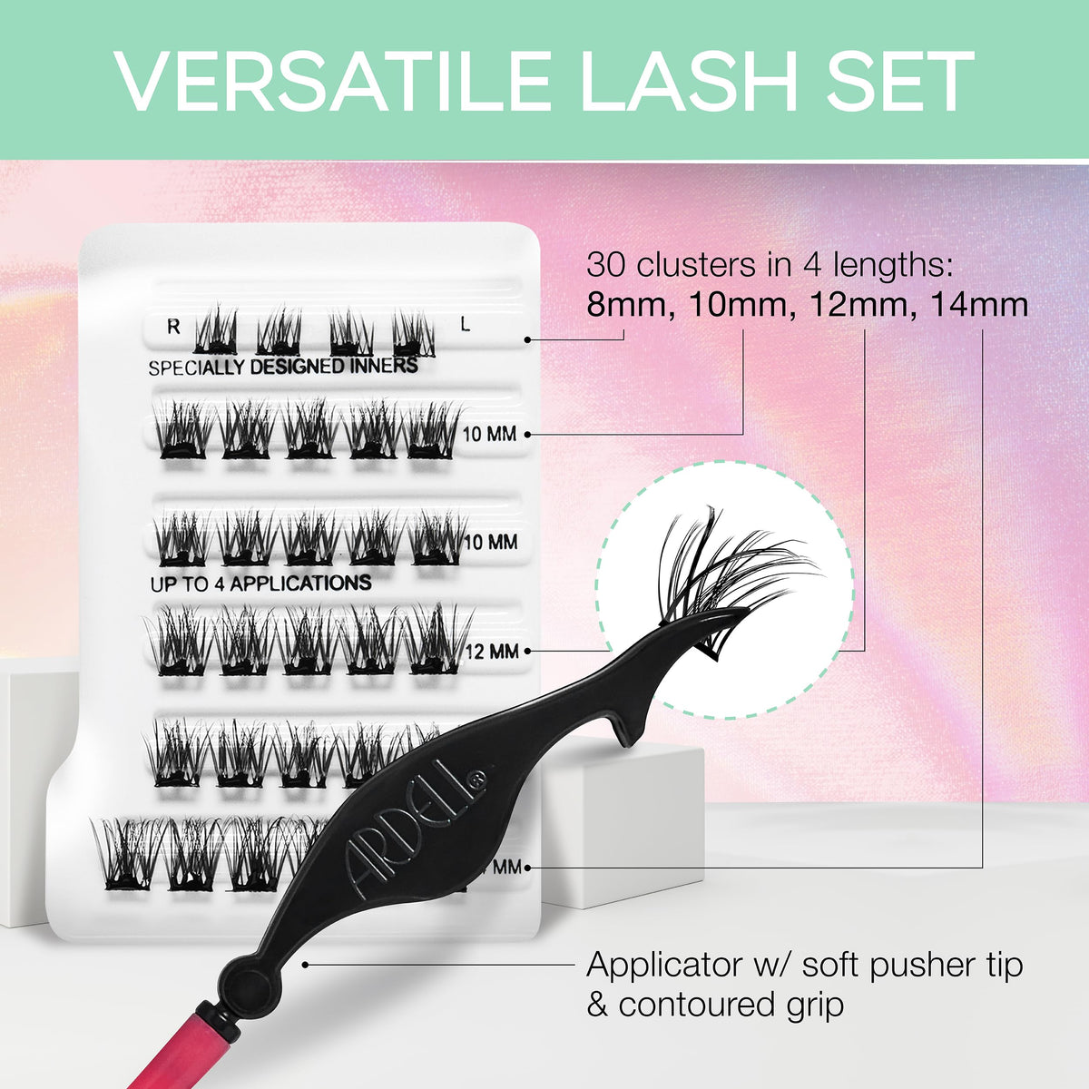 Ardell Press On Pre-Glued Eyelash Extension with Applicator - Fauxmink Volume, Customizable DIY Lash Clusters, Beginner Friendly Individual Lashes, 30