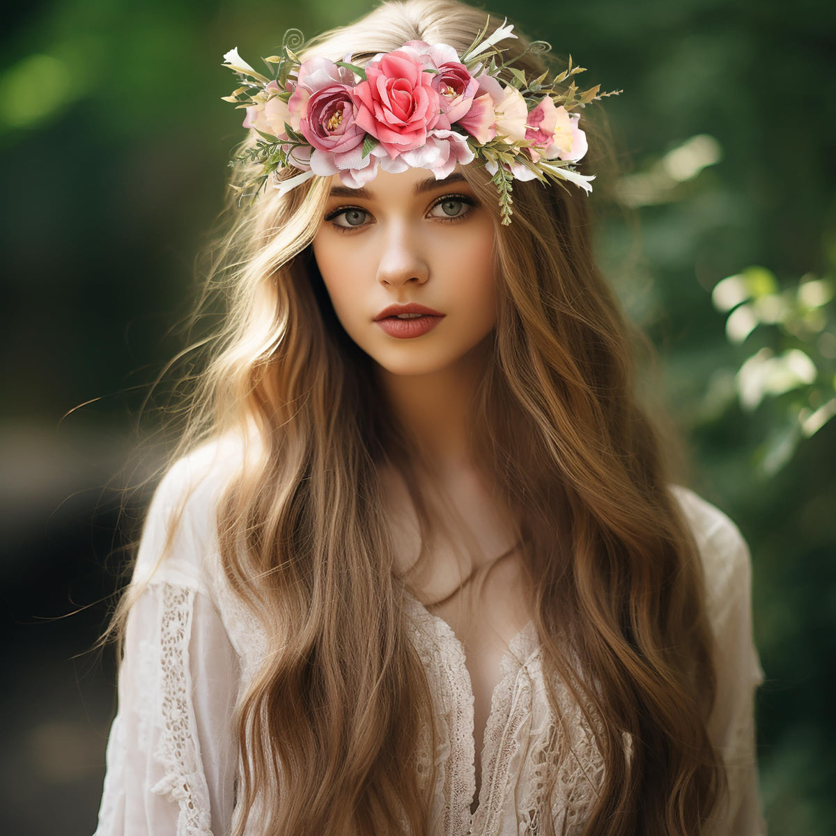 LLinfflr Women Floral Crown Boho Flower Headband Halo Headpiece Rosy Prom