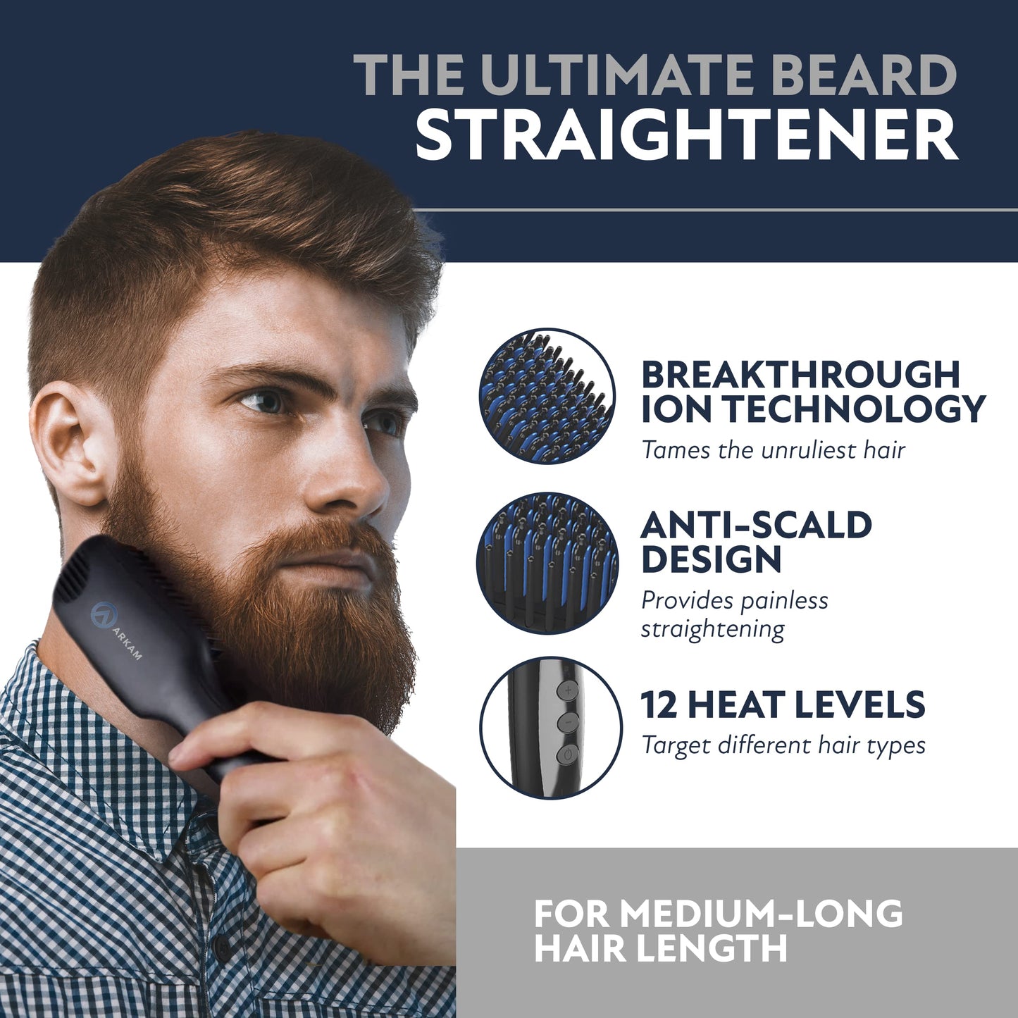 Arkam Beard Straightener for Men -Premium Heated Beard Brush Kit w/Anti-Scald Feature, Dual Action Hair Comb and Hard Shell Travel Case for Medium Beauty and Personal Care Arkam