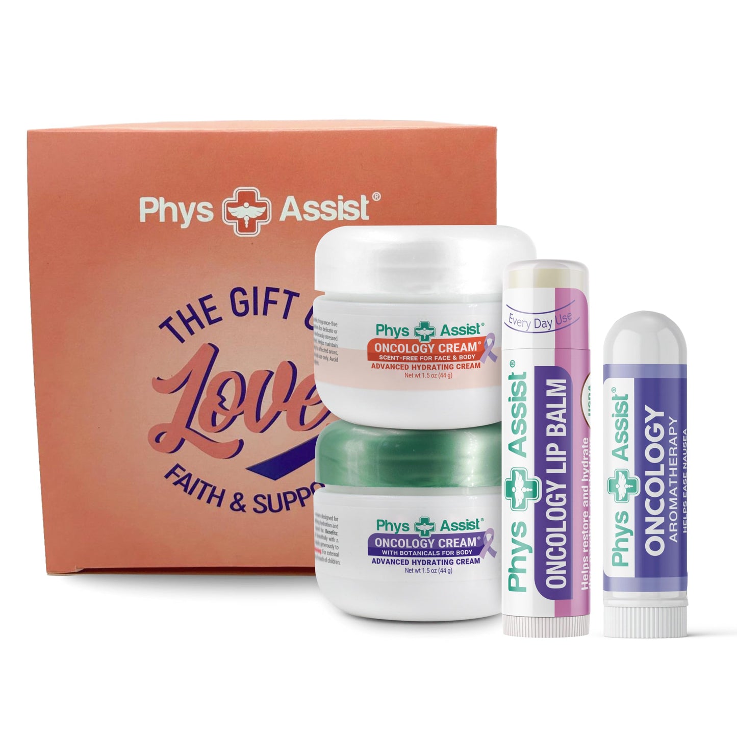 PhysAssist - Comfort kit The Gift of Love, Faith & Support. 1.5 oz Botanical & Scent-Free Creams, Lip Balm & Aromatherapy Inhaler for Dry, Sensitive Beauty and Personal Care PhysAssist