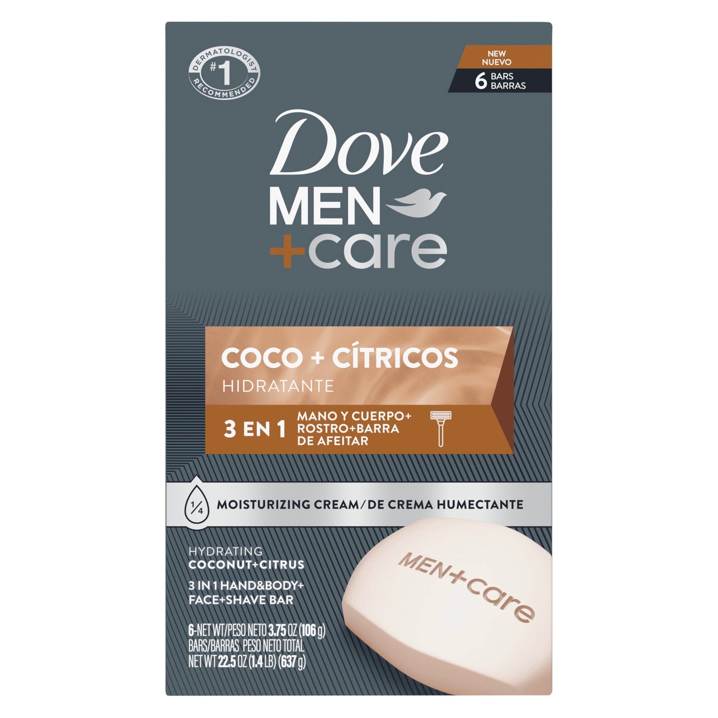 DOVE MEN + CARE Hidratante Coco + Cítricos Hand & Body Face + Shave Bar 6 Count for Hydrated Skin 3.75 oz Beauty & Personal Care DOVE MEN + CARE
