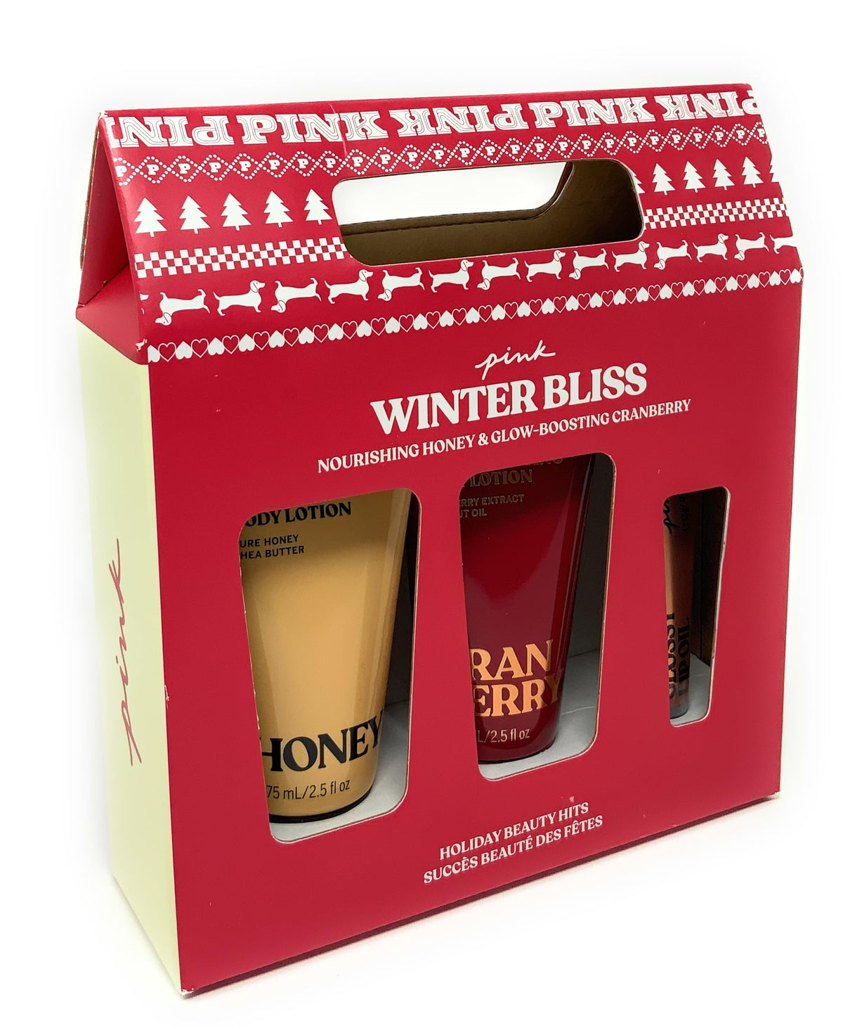 Victoria's Secret PINK Winter Bliss Nourishing Honey & Glow-Boosting Cranberry Lotion, Lip Oil Gift Set 3pc