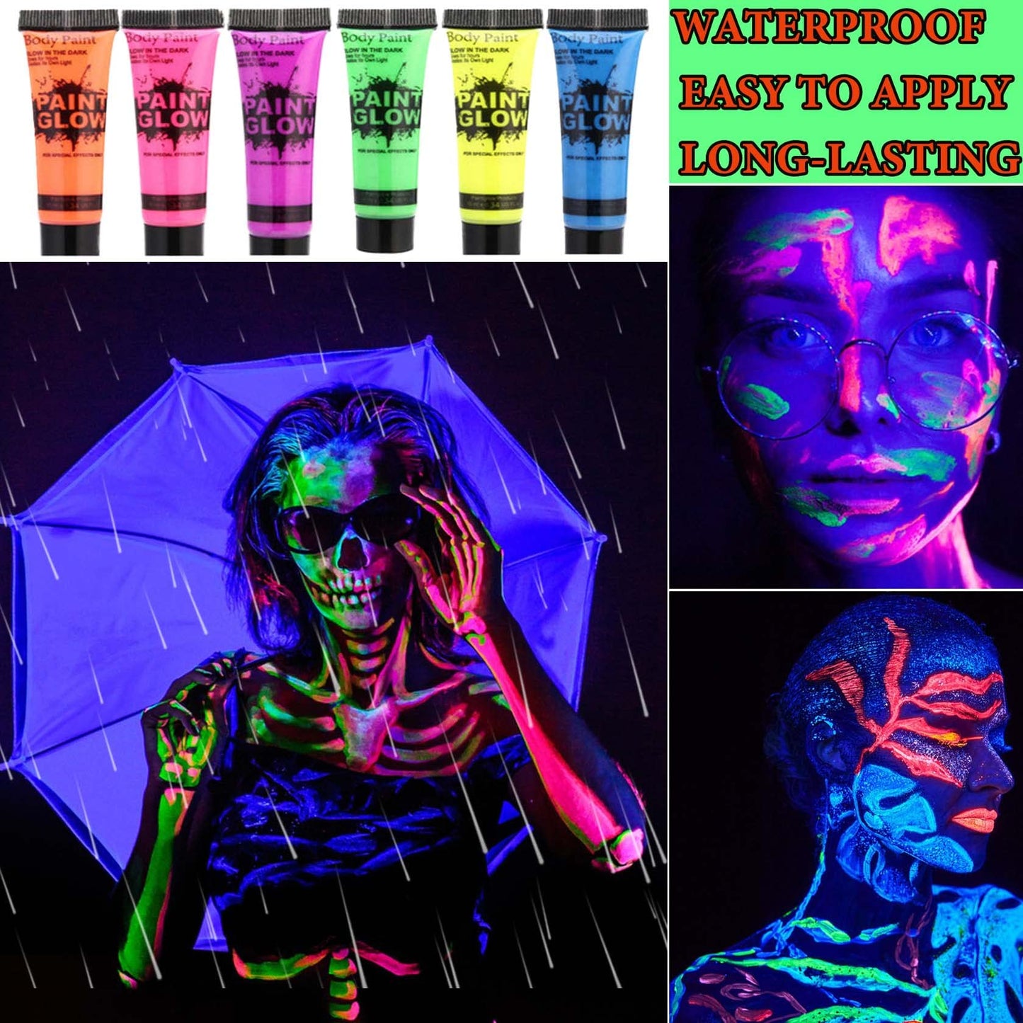 6 Pcs Glow in the Dark Face Body Paint,Blacklight Neon Face & Body Paints,Easily Cleanable Paint Set Neon Makeup Glow in the Dark Party Supplies Beauty & Personal Care BKPPLZP
