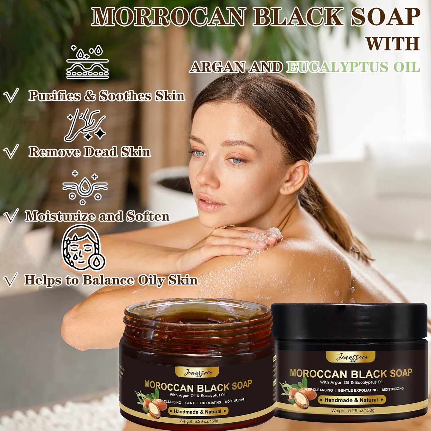 2 Pack Moroccan Black Soap Hammam, Morocco Body Scrub with Exfoliating Glove, Exfoliating Body Cleanser, Argan Oil & Eucalyptus - Deep Cleansing Beauty & Personal Care Joanssore