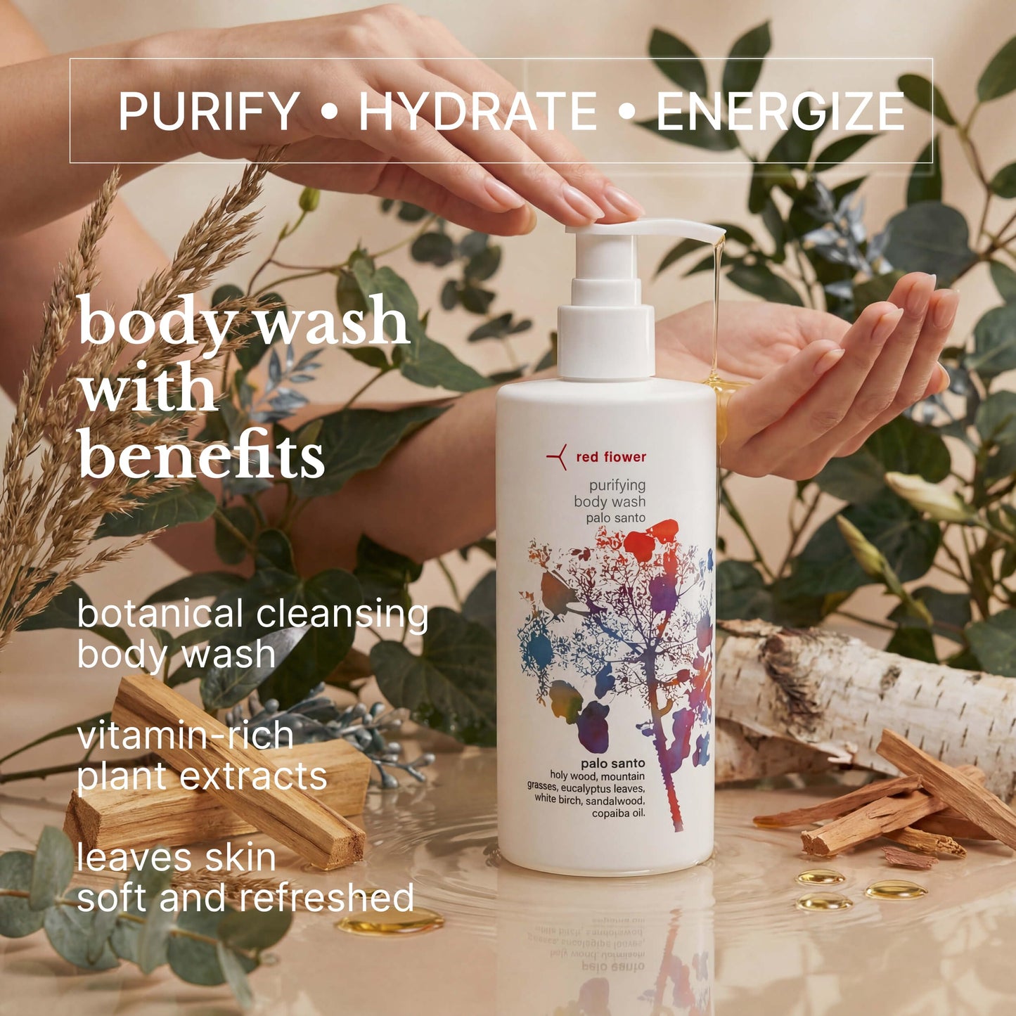 Red Flower Palo Santo Purifying Body Wash - Cleanse & Hydrate Botanical Shower Gel with Organic Fruit & Leaf Extracts for Hydrated, Radiant Skin (10 Beauty & Personal Care Red Flower