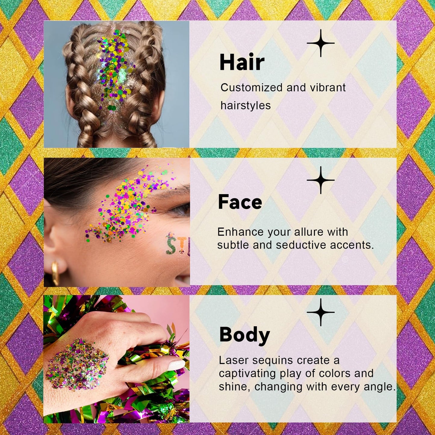 Mardi Gras Glitter Gel Stick, Color-Changing in Different Lighting, for Body, Face & Hair (Mardi Gras) Beauty & Personal Care CiikDux