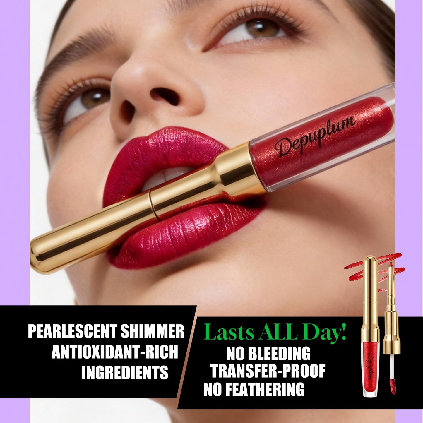 Depuplum Plum Metallic Lipstick and Lip Liner Combo Makeup 2-in-1 Shimmer Glitter Lipsticks for Women Metallic Lip Gloss Stain Burgundy Long Lasting Beauty & Personal Care Depuplum