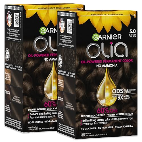 Garnier Olia Hair Color, Ammonia-Free Permanent Hair Dye, Oil-Powered Formula for 100% Gray Coverage and 3x Shinier Hair, Vegan & Cruelty Free, 5.0 Beauty & Personal Care Garnier