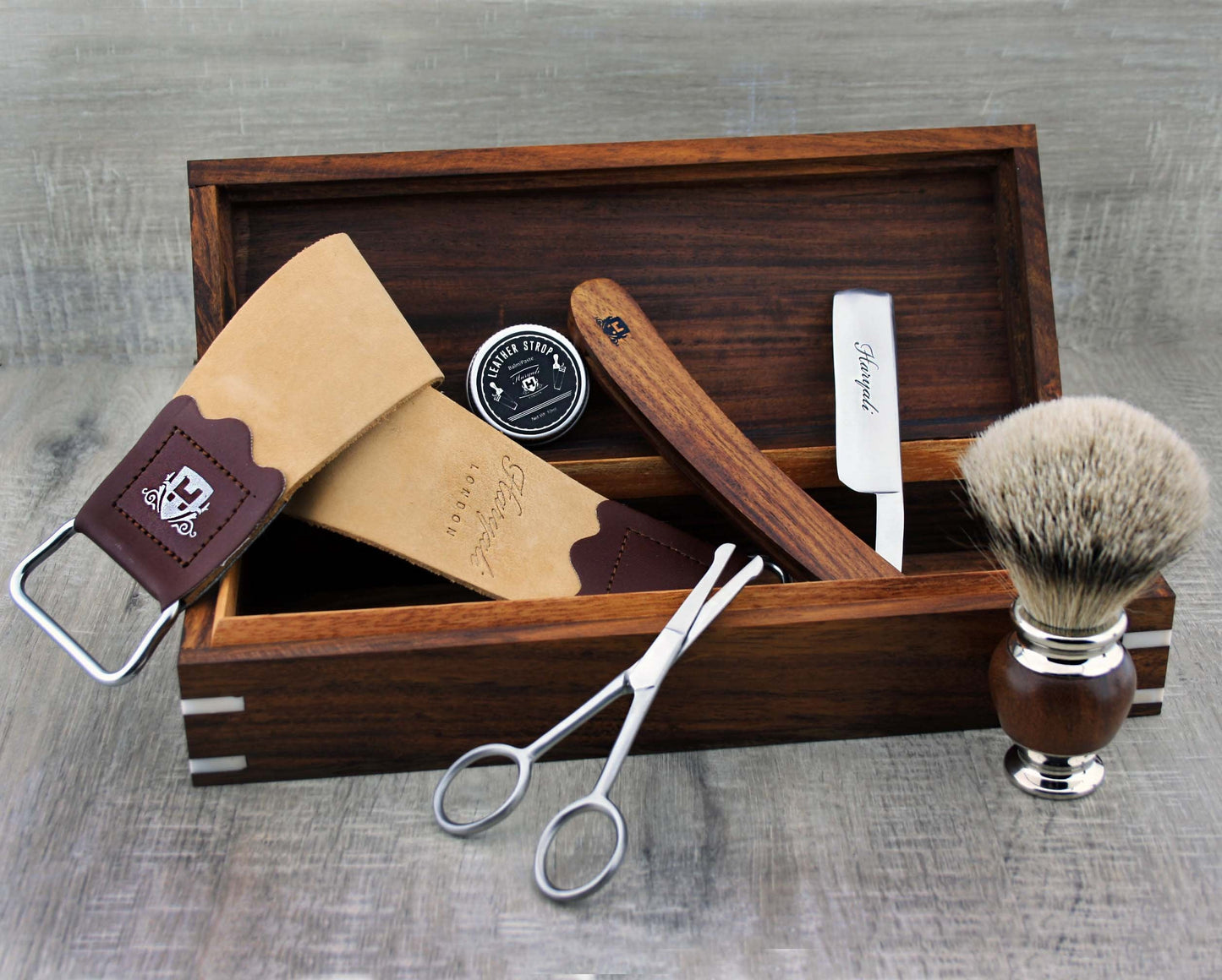 Classic Men's Shaving Set with Straight Razor, Silver Tip Shaving Brush, Trimming Scissors, Leather Strop & Paste in Wooden Box Beauty and Personal Care Haryali London