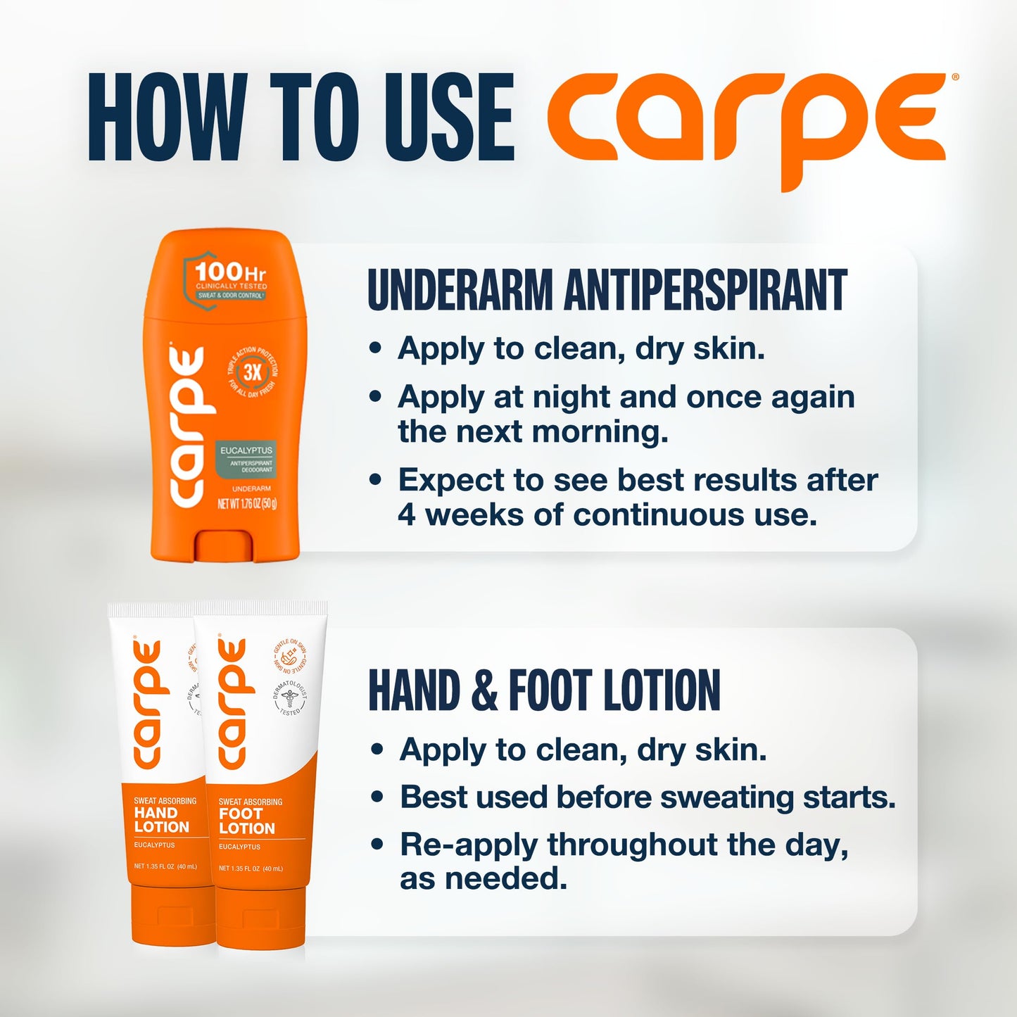 Carpe Head to Toe Bundle - Underarm Antiperspirant Deodorant - Sweat Absorbing Hand Lotion - Sweat Absorbing Foot Lotion - Manage Sweat & Odor Beauty and Personal Care Carpe