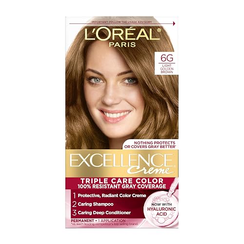 L'Oreal Paris Excellence Crème Permanent Hair Dye, Triple Care Hair Color with Hyaluronic Acid for 100% Gray Coverage, 6G Light Golden Brown, 1 Kit Beauty & Personal Care L'Oreal Paris