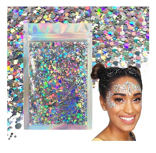 Holographic Silver - Face & Body Glitter - Chunky Glitter - Uses Include: Holidays, Cheerleading, Festival, Rave, Hair, Makeup, Face, Body, Nails Beauty & Personal Care Electric Bliss Beauty