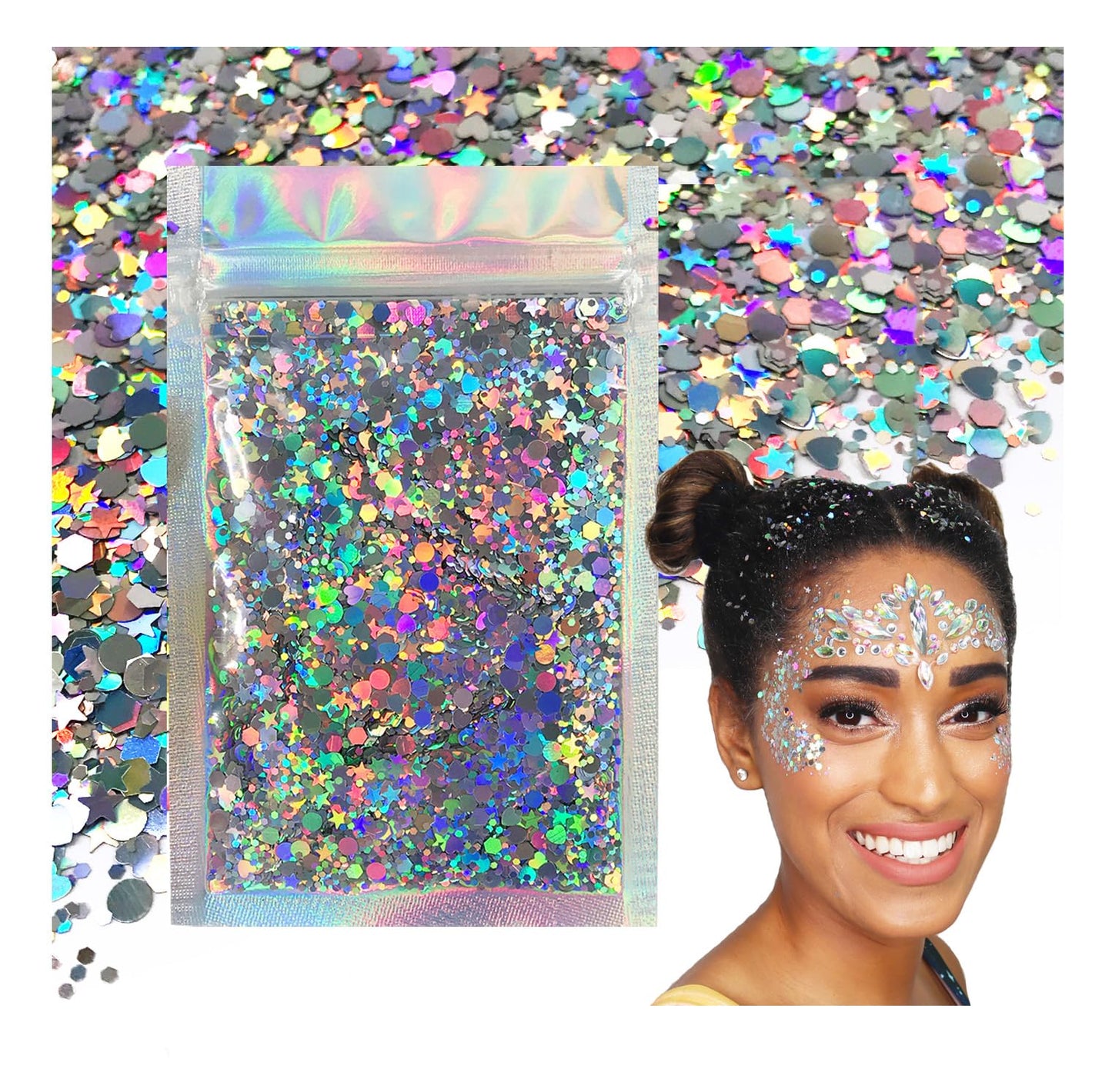 Holographic Silver - Face & Body Glitter - Chunky Glitter - Uses Include: Holidays, Cheerleading, Festival, Rave, Hair, Makeup, Face, Body, Nails Beauty & Personal Care Electric Bliss Beauty