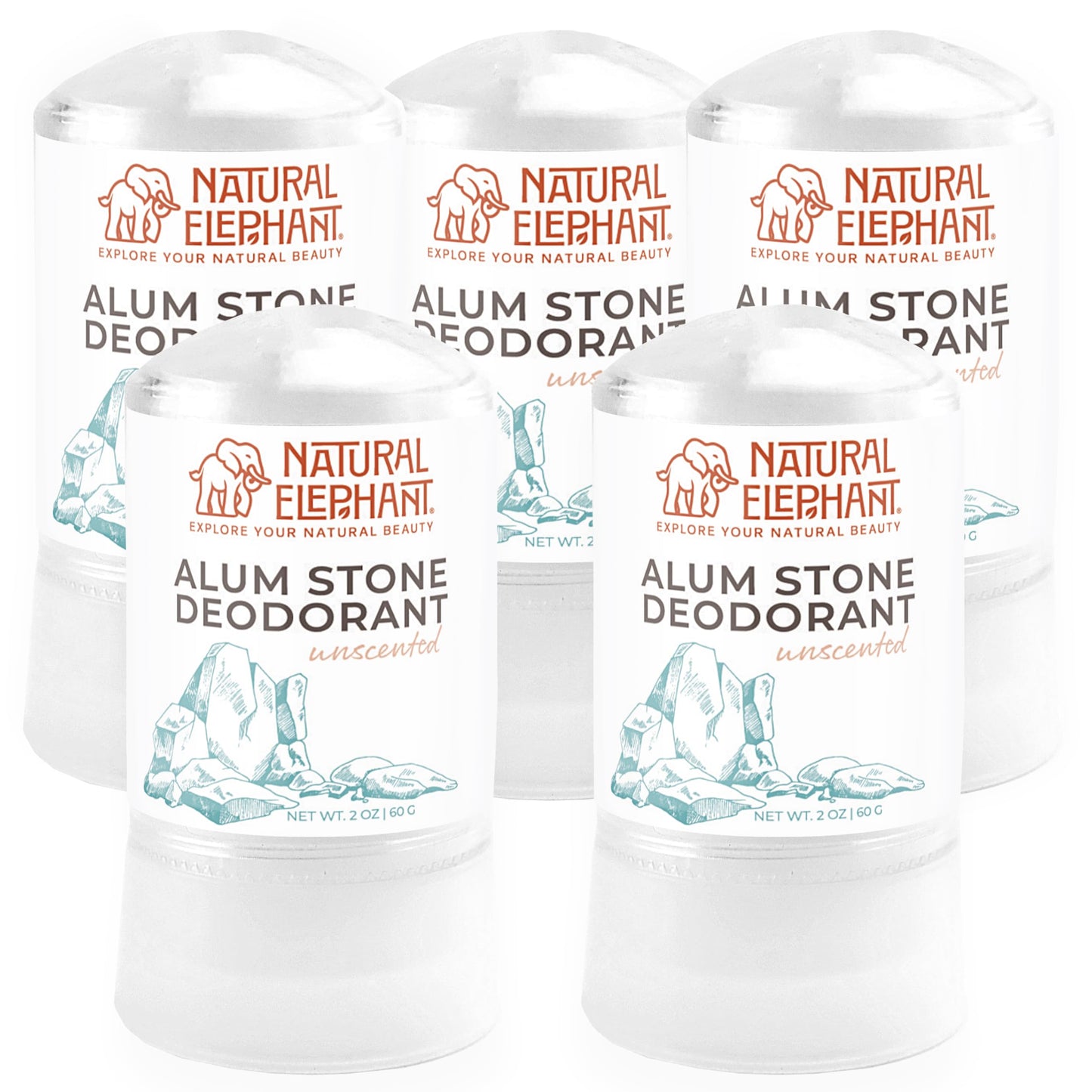 Natural Elephant Alum Stone Deodorant Stick 60g (2 oz) Natural Unscented Aluminum Free Salt Stone for Men and Women (5 Pack) Beauty and Personal Care Natural Elephant