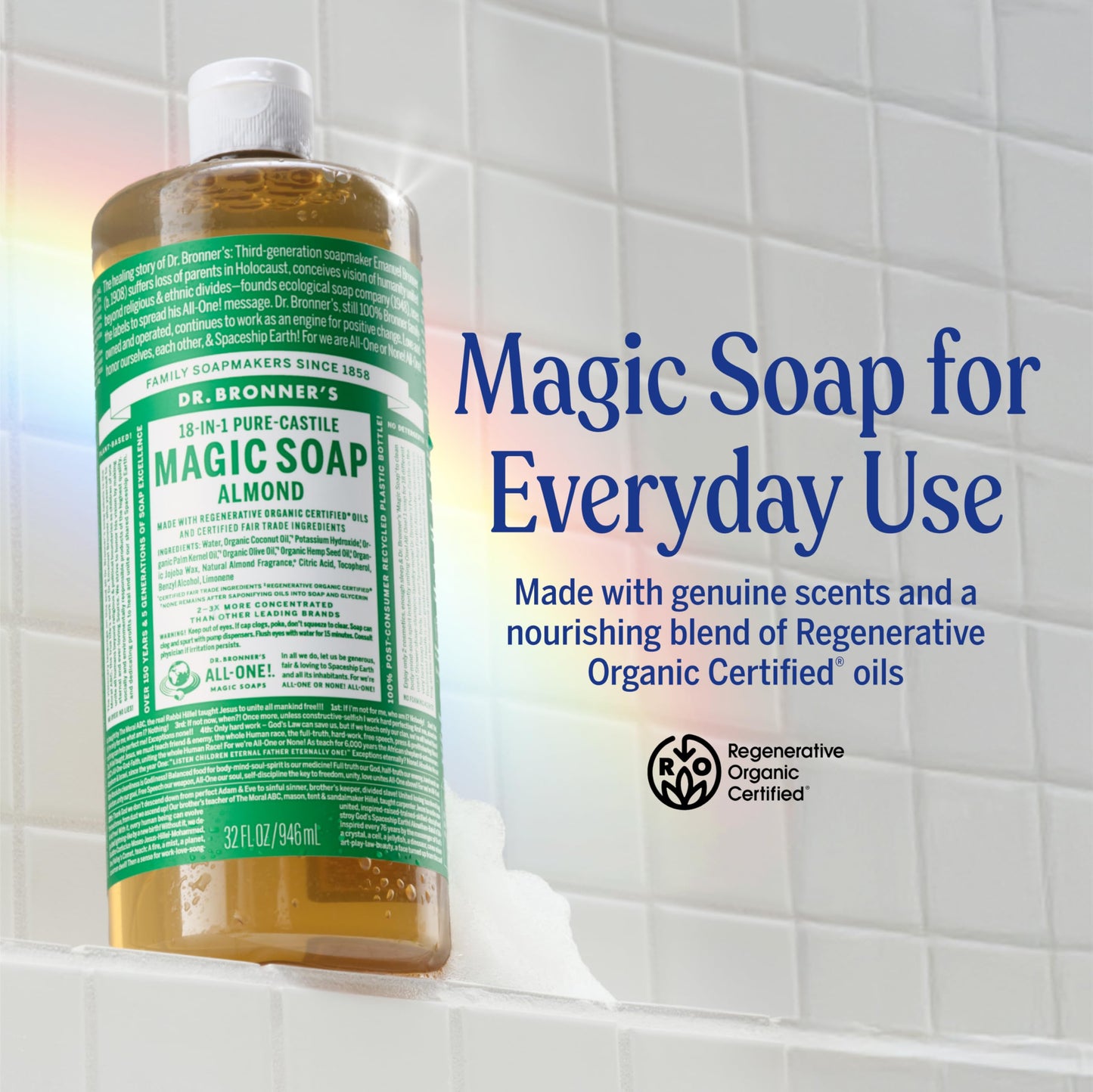 Dr. Bronner's Pure-Castile Magic Liquid Soap (Almond, 32 Ounce, 2-Pack)- Made with Regenerative Organic Certified Oils, 18-in1 Uses: Face, Hair, Hand Beauty & Personal Care Dr. Bronner's