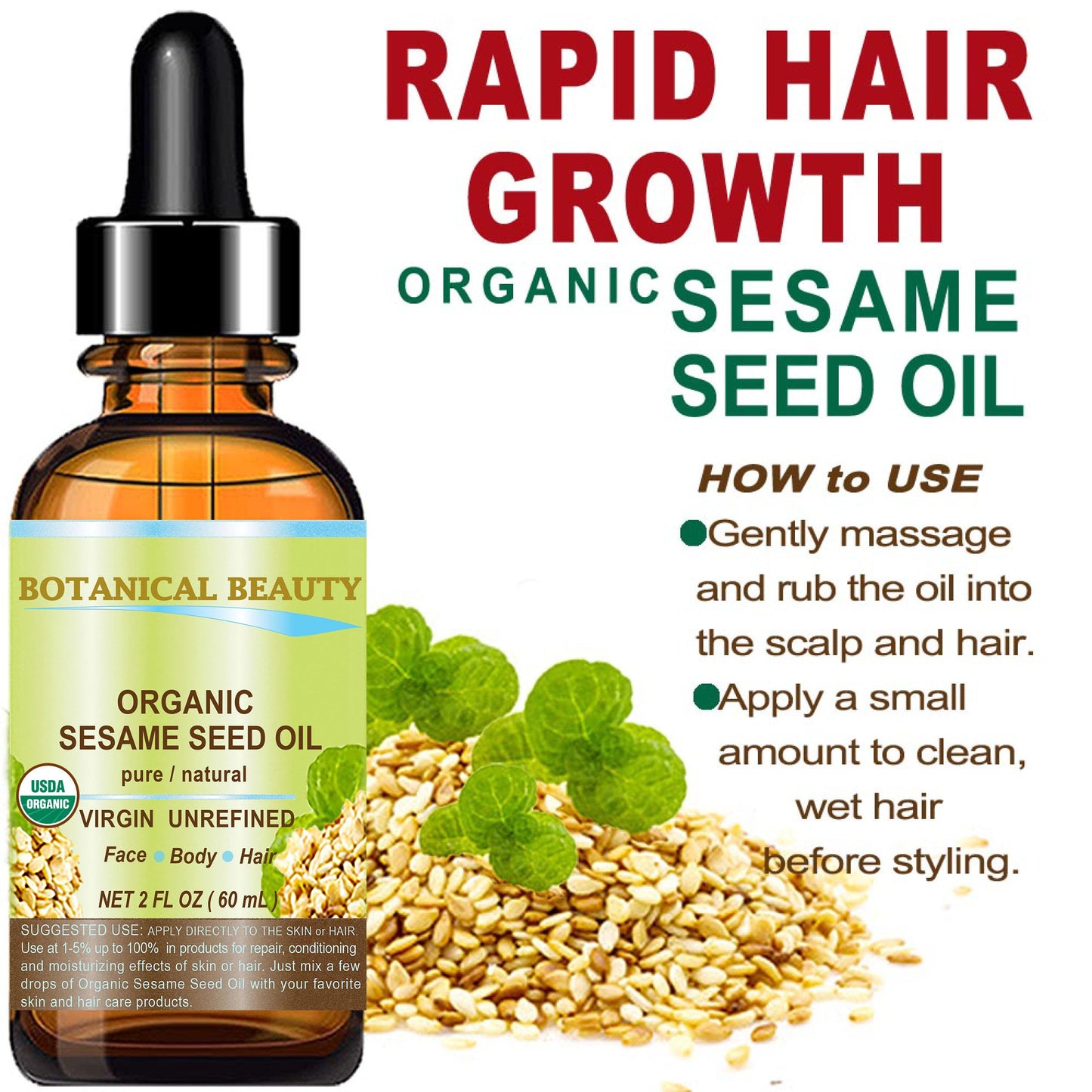 Botanical Beauty Organic SESAME SEED OIL 100% Pure Natural Virgin Unrefined Undiluted Cold Pressed Carrier Oil for Face, Skin, Body, Hair, Massage Beauty & Personal Care Botanical Beauty