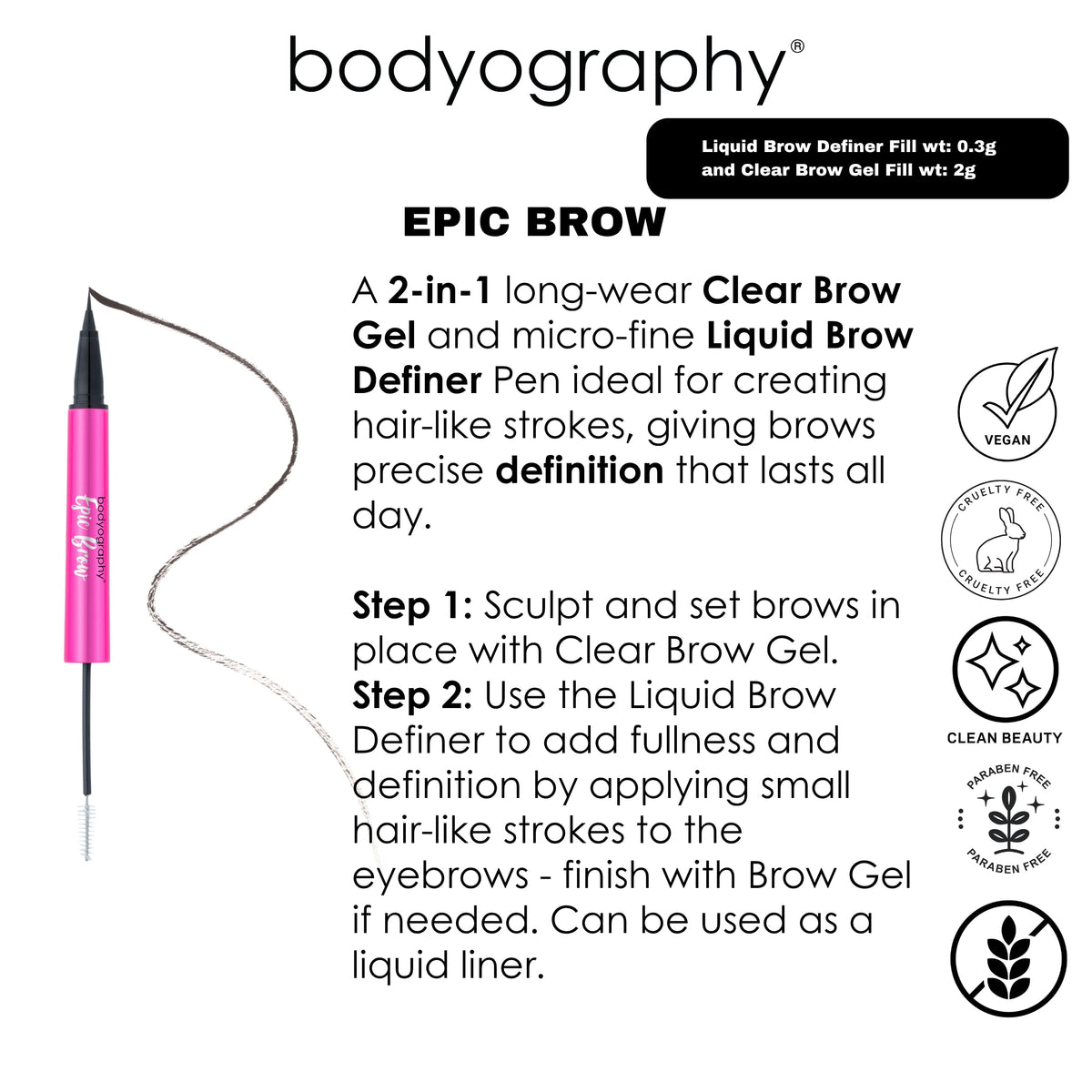 Bodyography Epic Brow Clear Brow Gel + Liquid Brow Definer | 2-in-1 Long-Wear Brow Shaper & Micro-Fine Pen | Hair-Like Strokes, Precise Definition… Beauty & Personal Care Bodyography