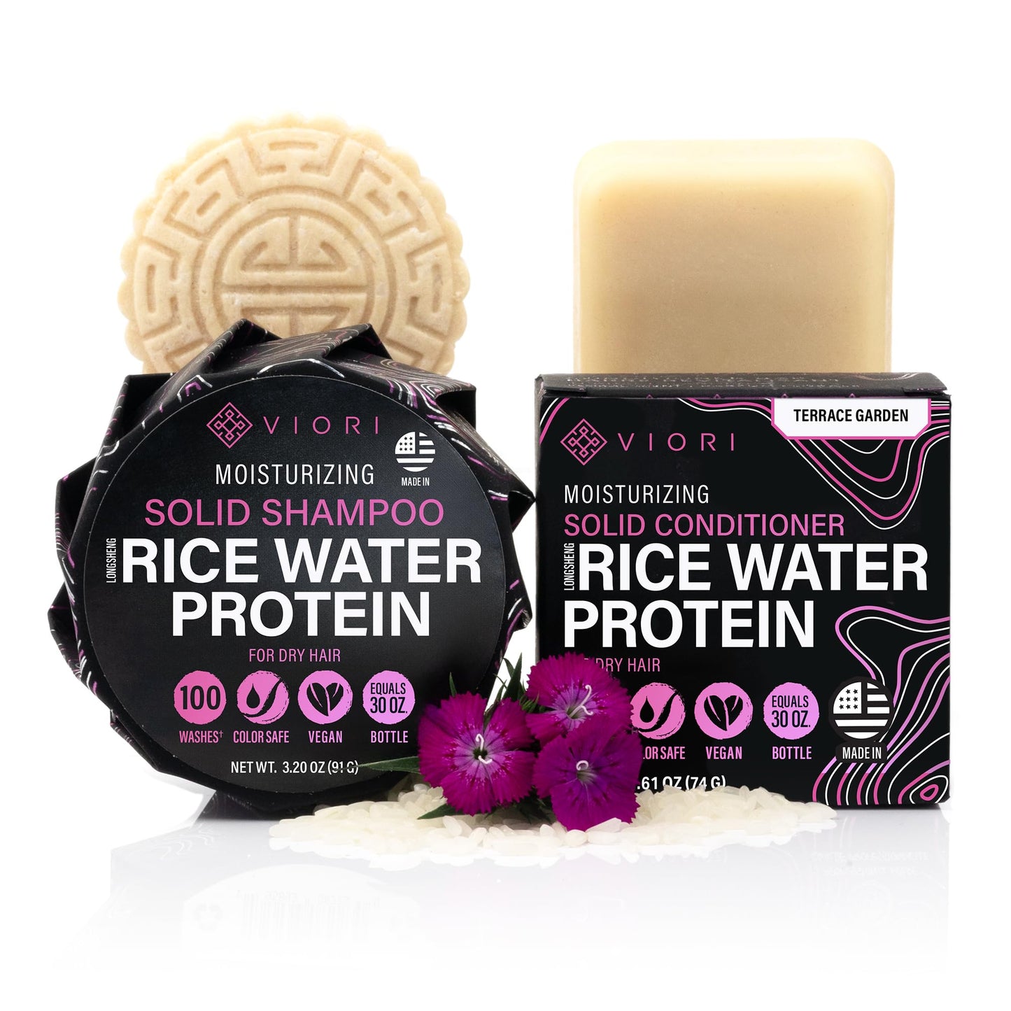 Viori Terrace Garden Shampoo and Conditioner Bar Set Made with Rice Water - Handcrafted Sulfate Free Shampoo and Conditioner Beauty & Personal Care Viori