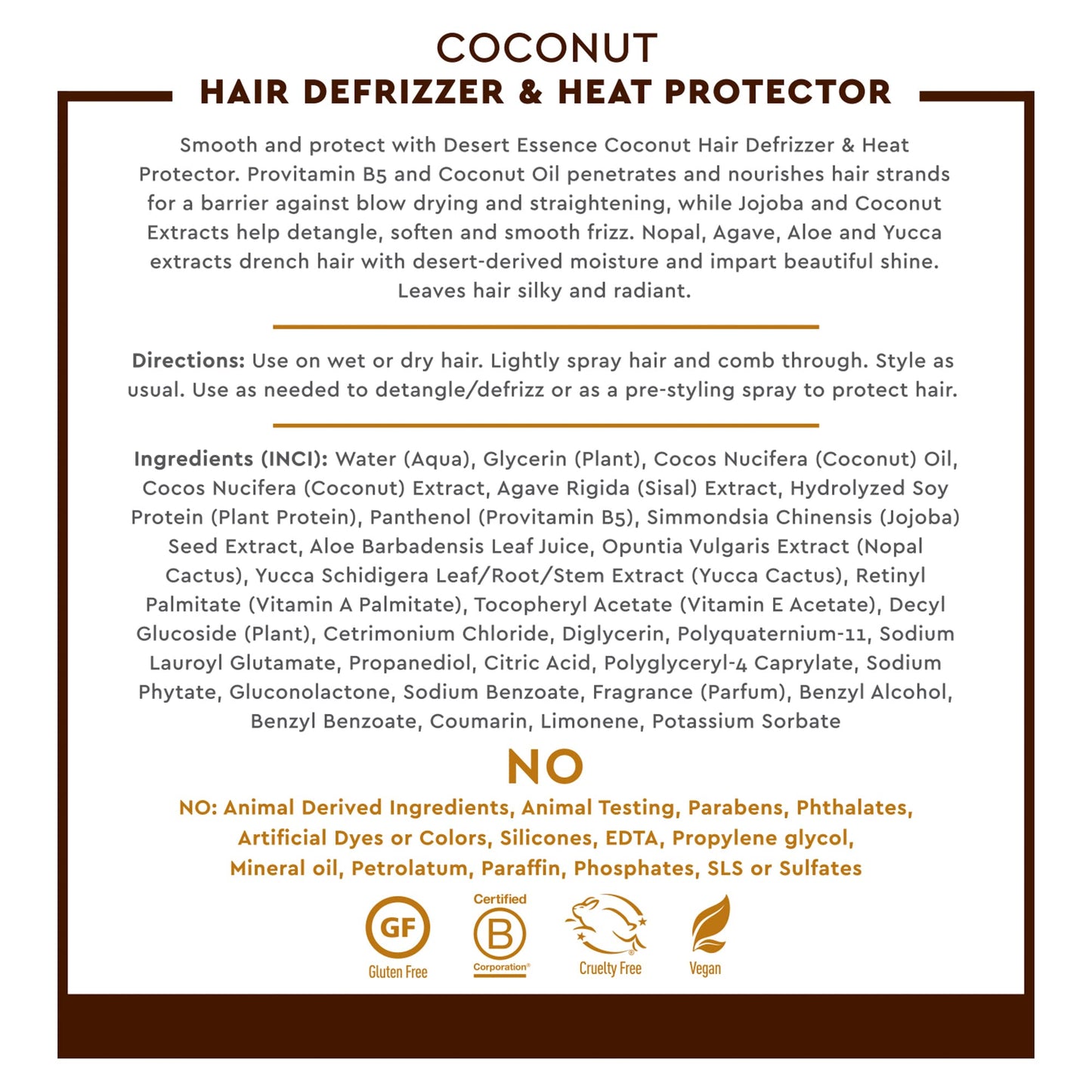 Desert Essence Coconut Hair Defrizzer & Heat Protector 8 fl oz - Gluten Free, Vegan, Cruelty Free - Coconut Oil & Jojoba Seed Extract - Protects Hair Beauty & Personal Care Desert Essence