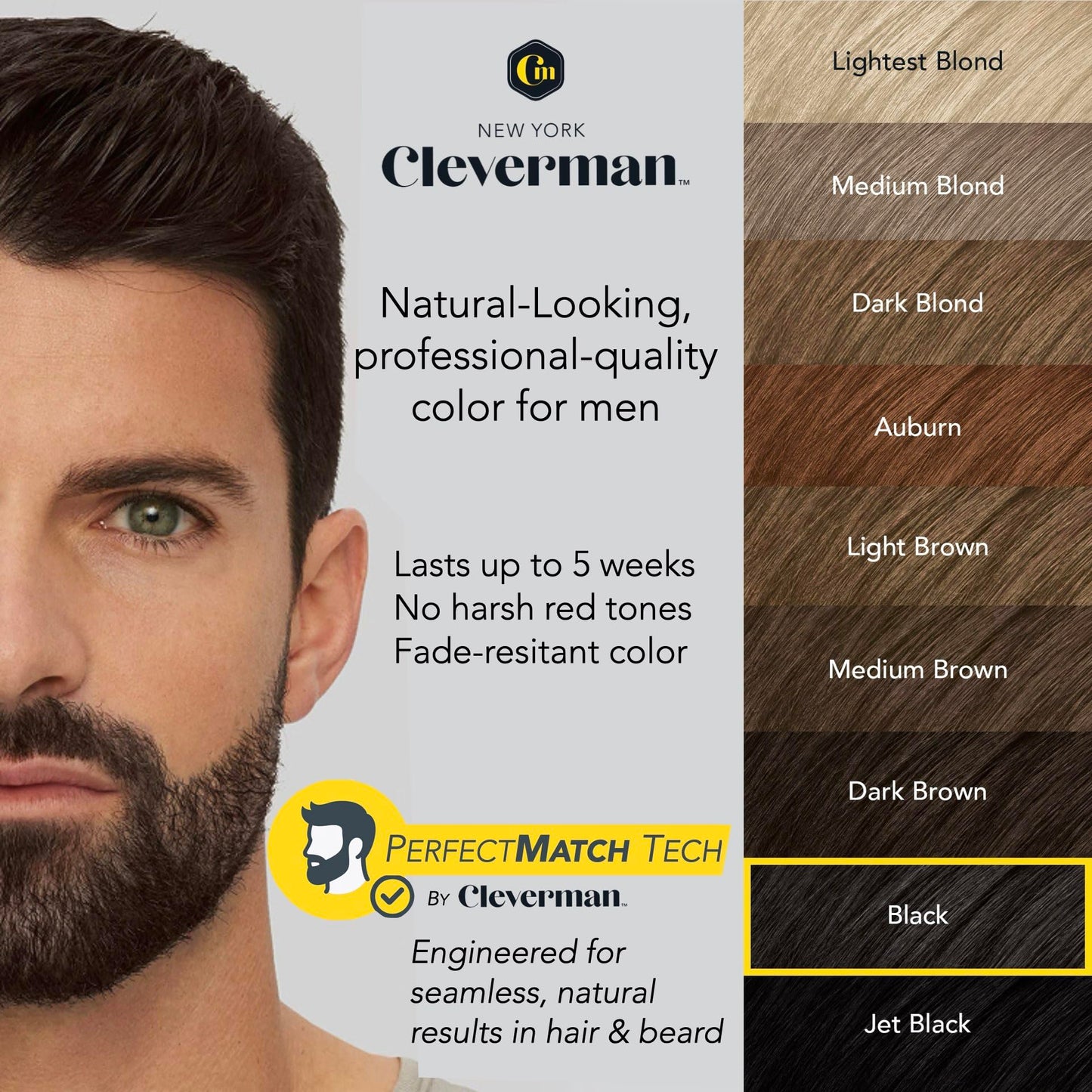 2X Reusable Hair & Beard Dye for Men - Black | Up to 10 Uses, 7 Minutes | Natural Gray Coverage, No-Drip Cream with SkinArmour® - Cleverman Beauty and Personal Care CLEVERMAN