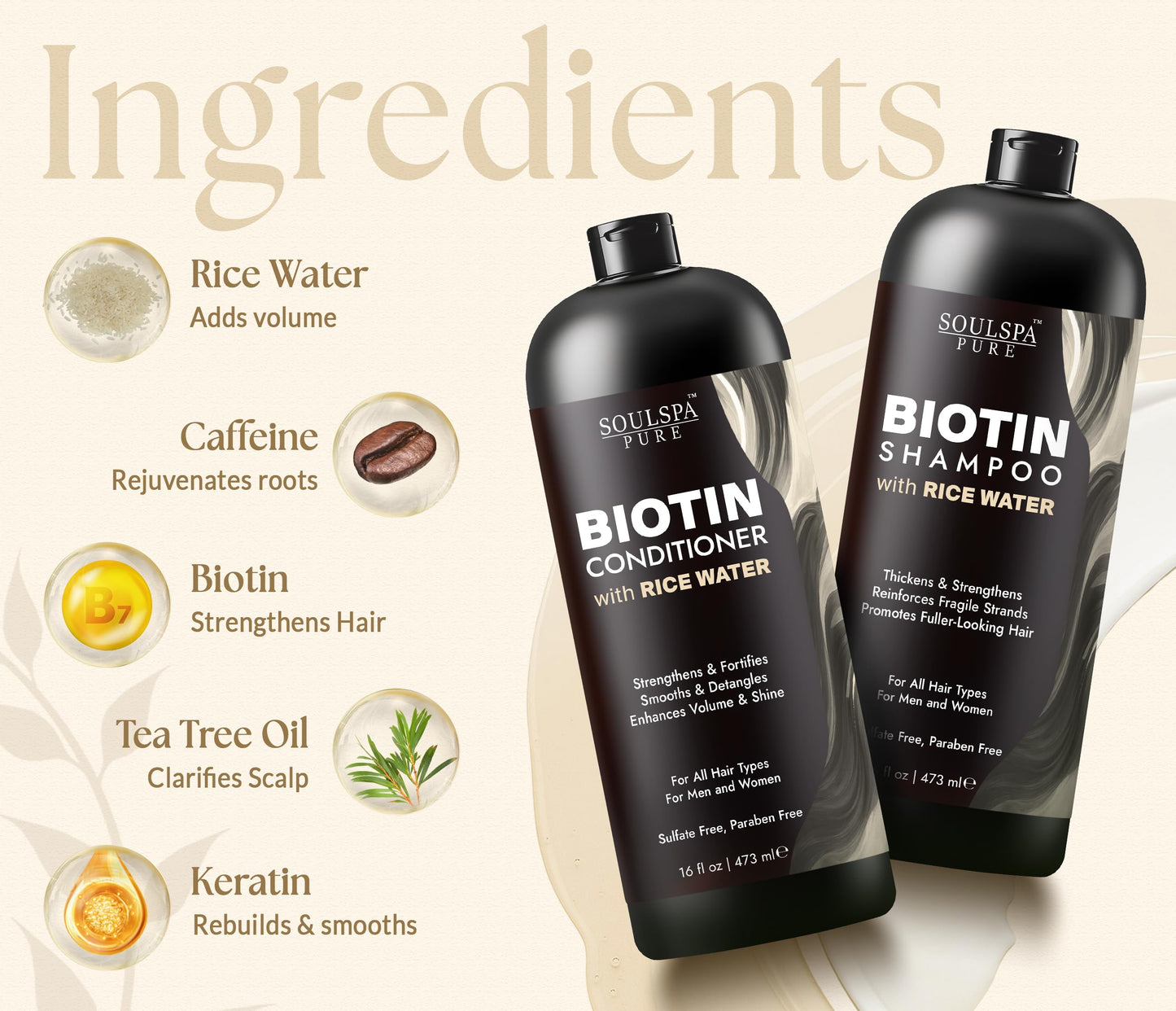 SOULSPA PURE Biotin Rice Water Shampoo and Conditioner Set - Thickening Formula with Rice Protein & Keratin - Strengthening Hair Care for Thinning Beauty & Personal Care SOULSPA PURE