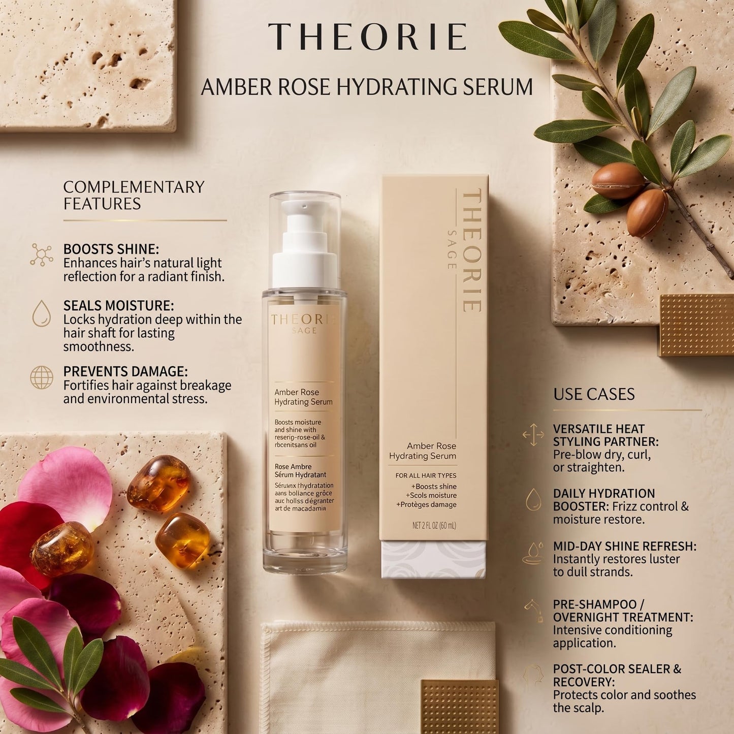 THEORIE Botanical Hair Care Ritual Set, Shampoo, Conditioner & Hair Serum Trio, 3 Piece Hair Care Set for All Hair Types (Amber Rose Hydrating) Beauty & Personal Care Theorie