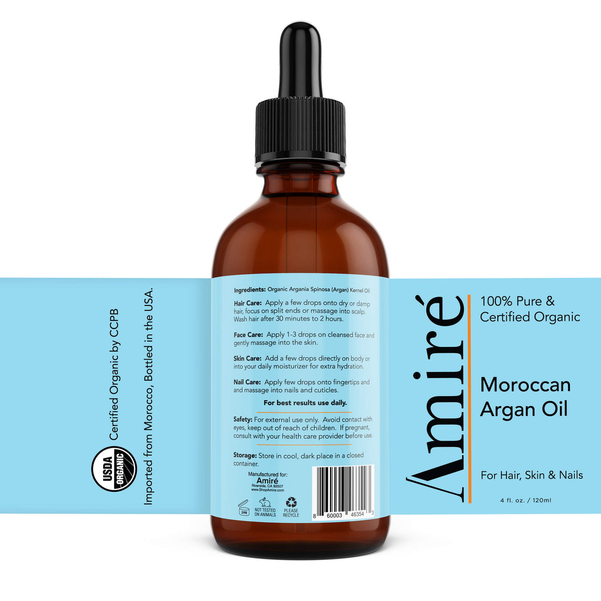 Amire USDA Certified Organic Argan Oil 4oz, Triple Extra Virgin Grade Moroccan Argan Oil for Hair Growth. Skin, Face, & Nails. Moisturizer. Scalp