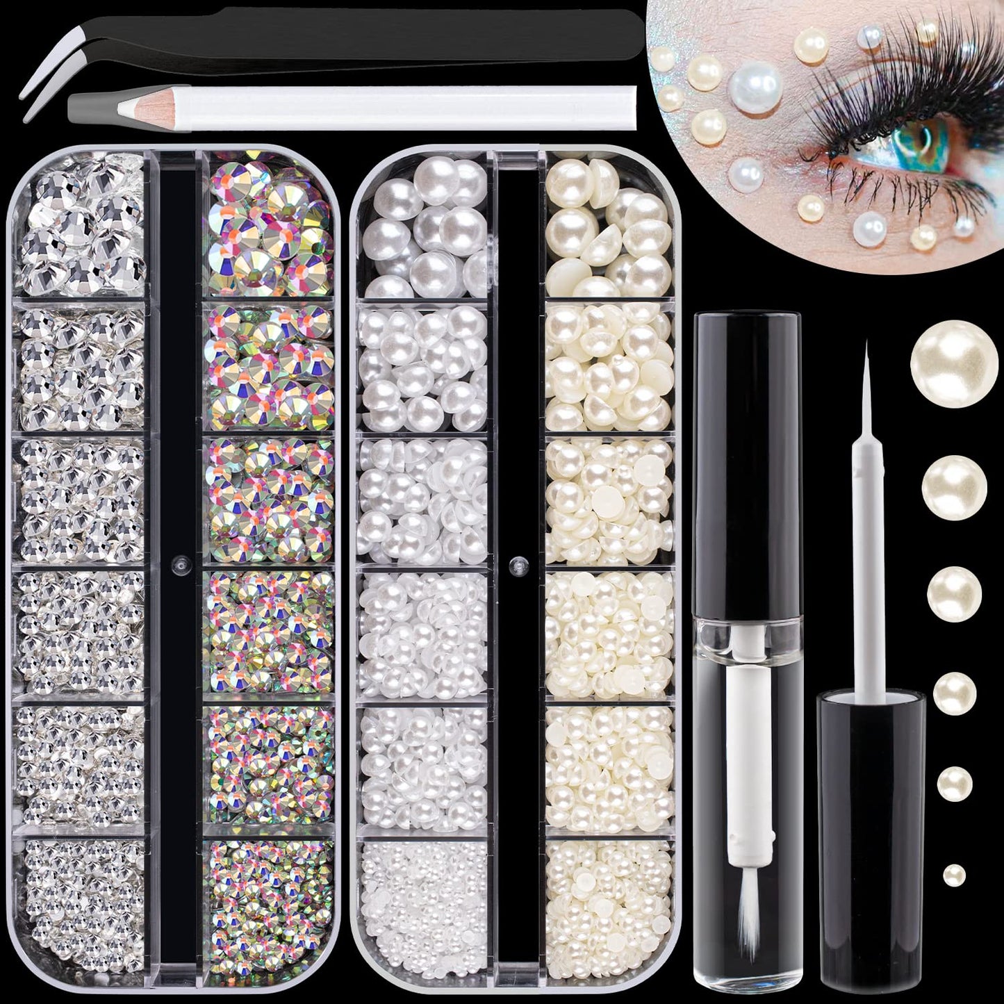 Flat Back Rhinestones&Pearls Kits Round Glass Crystal AB&Transparent White Gems+White&Beige Pearls with Quick Dry Makeup Glue+Picker Pencil+Tweezer Beauty & Personal Care BELLEBOOST