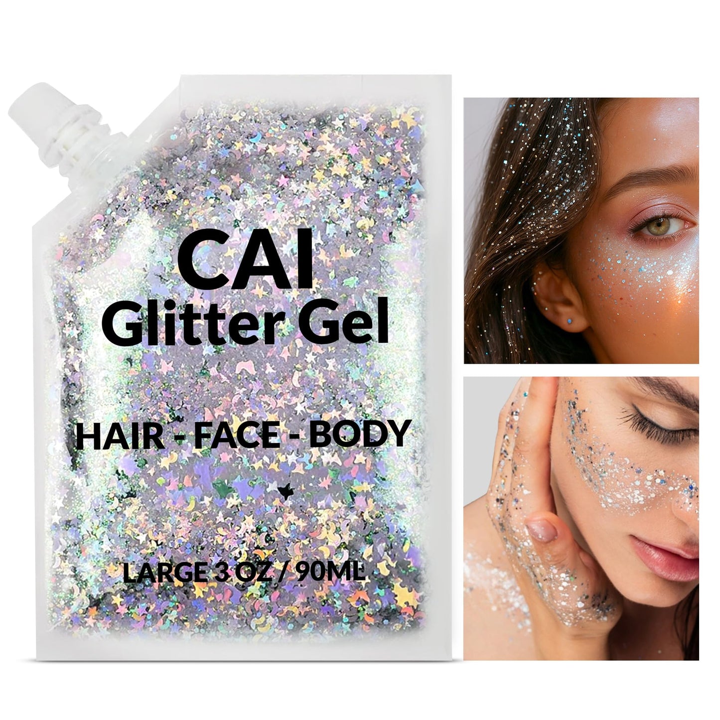 Face, Body & Hair Glitter Gel - Halloween Glitter for Kids and Women - 3 Oz Cosmetic-Grade Gel w/Moon & Stars for Festivals & Halloween Party, Easy Beauty & Personal Care CAI BEAUTY NYC