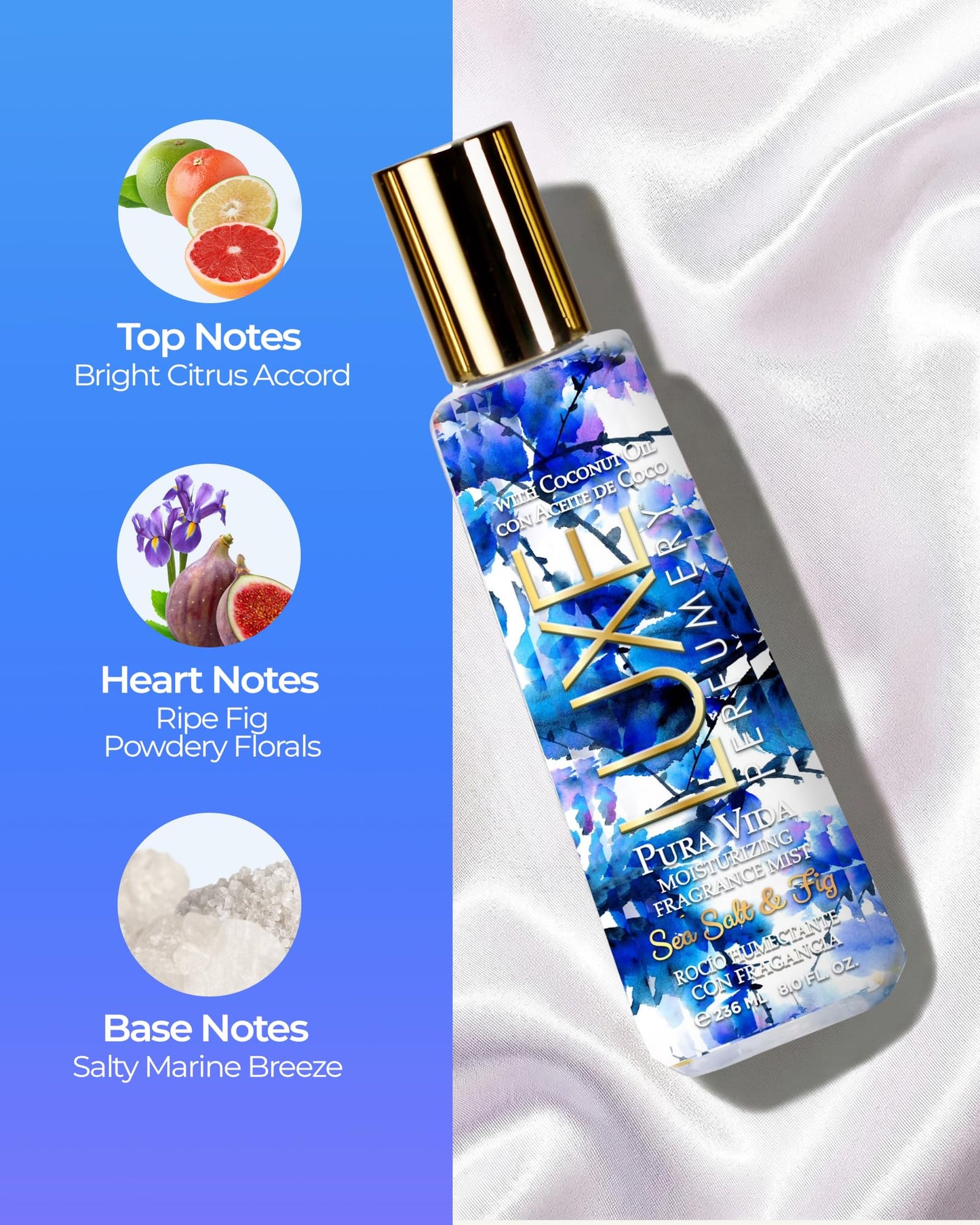 Luxe Perfumery Pura Vida Sea Salt & Fig Moisturizing Fragrance Mist - Fresh Marine Fruity Floral Body Spray with Citrus, Fig & Salty Marine Notes Beauty & Personal Care Luxe Perfumery