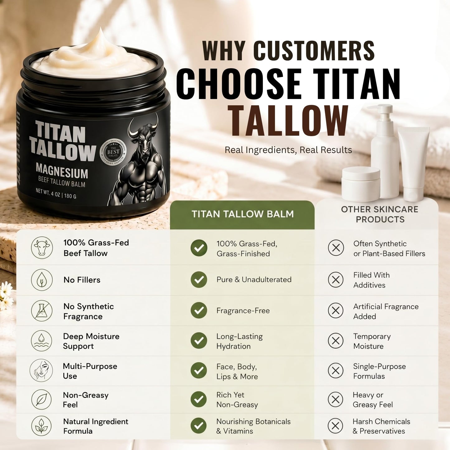Titan Tallow Balm for Face and Body with Magnesium - Grass-Fed, Grass-Finished Beef Tallow Moisturizer with Manuka Honey, Jojoba Oil, Rosehip Oil Beauty & Personal Care Titan Tallow