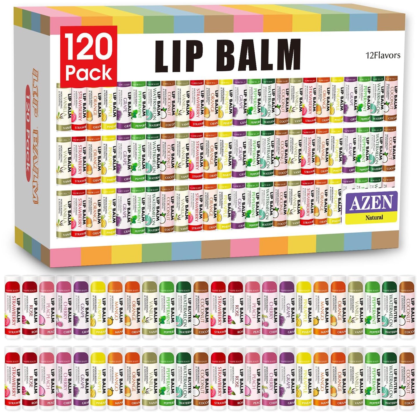 AZEN 120 Pack Lip Balm Bulk, Moisturizing Lip Balms for dry cracked lips, Valentines Gifts Easter Basket Stuffers - 12 Flavors Beauty and Personal Care AZEN Default Title