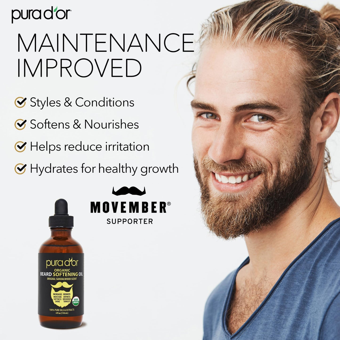 PURA D'OR 4 Oz ORGANIC Beard Softening Oil - Original Sandalwood Scent - Leave-In Conditioner, Argan & Jojoba Oil - Mustache Care & Maintenance Beauty and Personal Care PURA D'OR