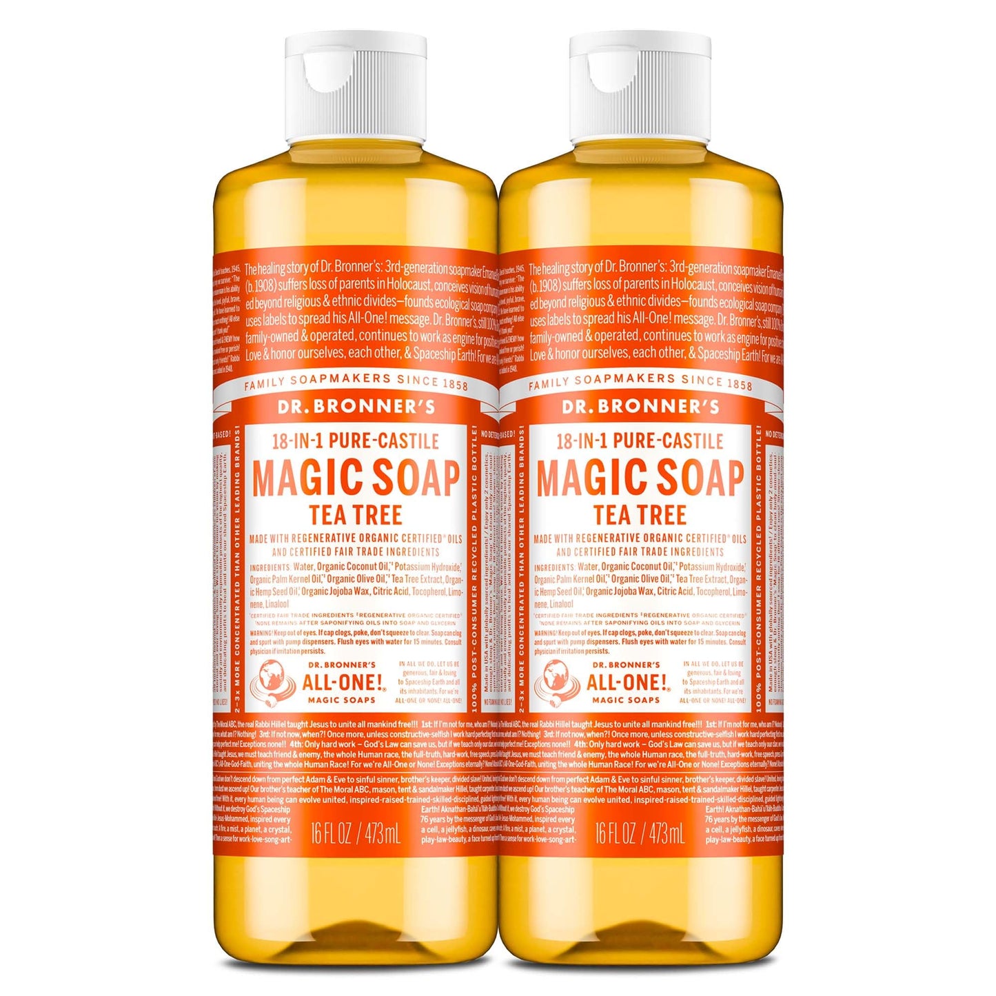 Dr. Bronner's Pure-Castile Magic Soap Liquid (Tea Tree, 16 Ounce, 2-Pack)-Made with Regenerative Organic Certified Oils, 18-in1 Uses: Face, Hair, Hand Beauty & Personal Care Dr. Bronner's