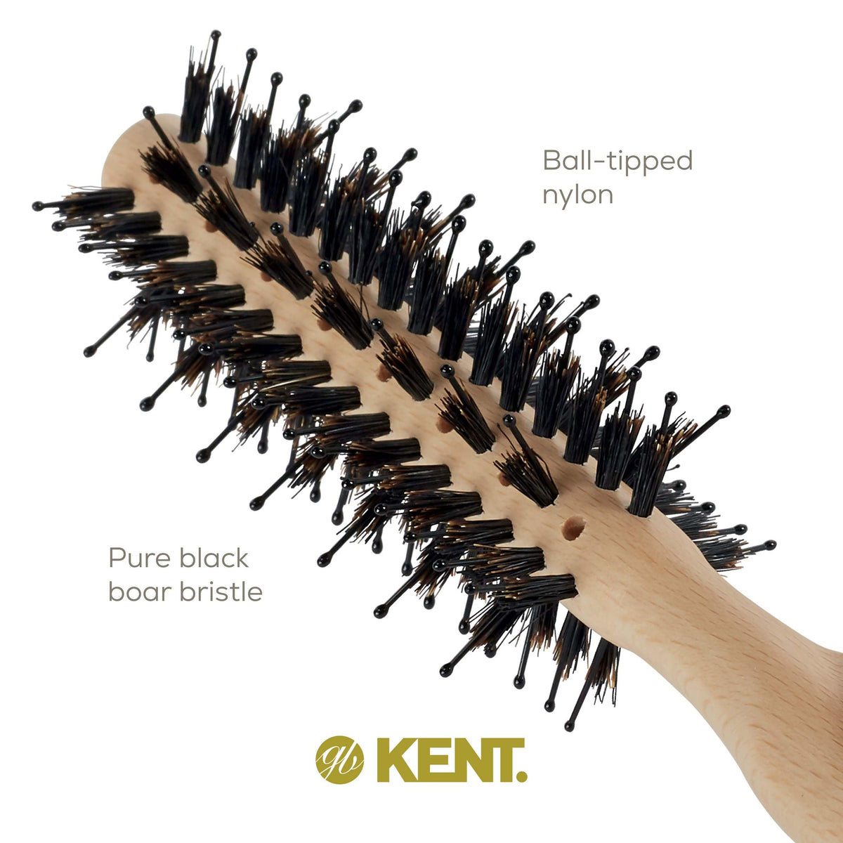 Kent LPF4 Pure Flow Small Vented Round Brush for Blow Drying - FSC Certified Beech Wood Brush Filled with Natural Boar Bristle and Nylon Bristle Hair