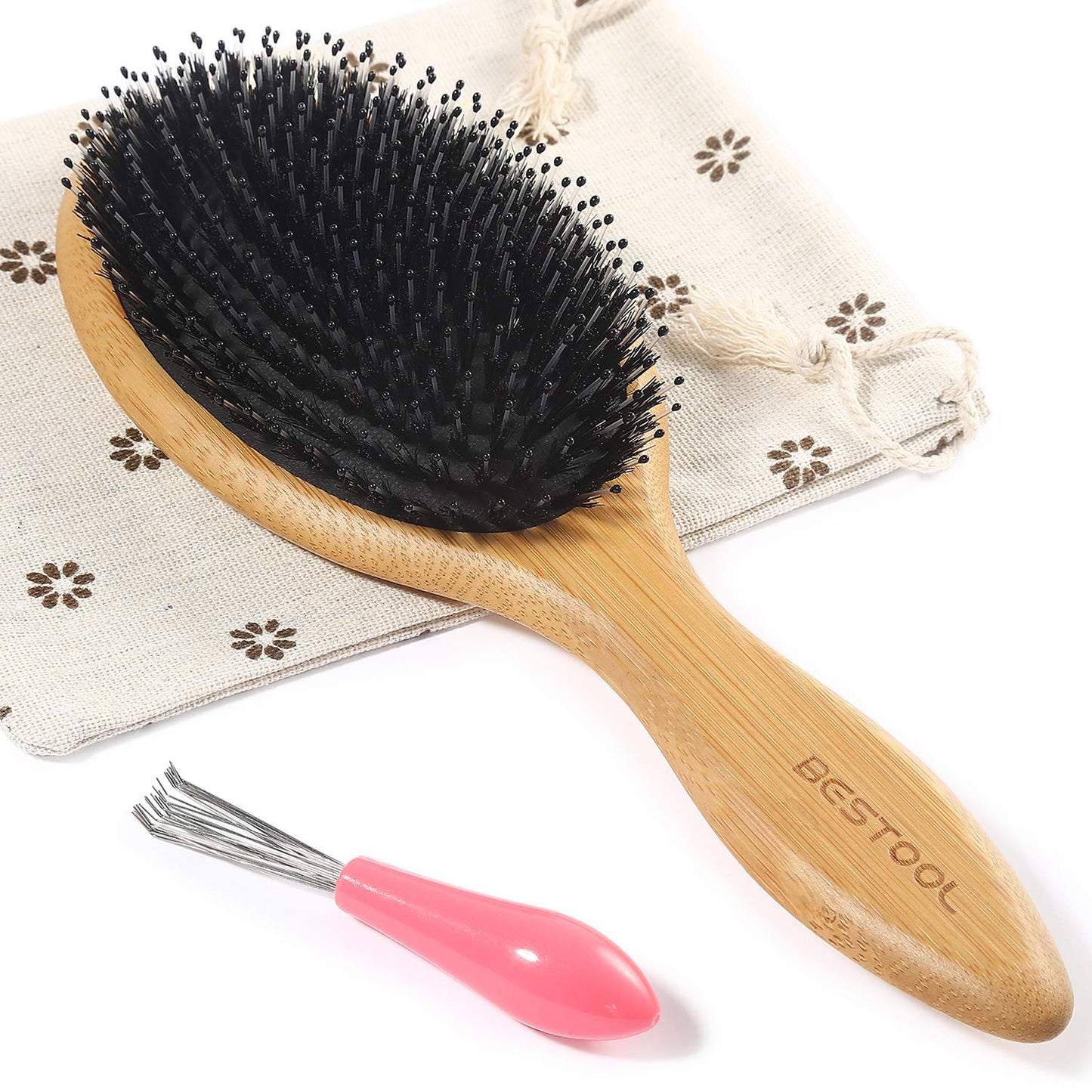 BESTOOL Hair Brush-Boar Bristle Hair Brushes Natural Bamboo Wooden Cushion Massage Anti Static Large Paddle Hairbrush for Women Men and Kid (Round) Beauty & Personal Care BESTOOL