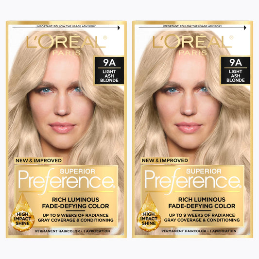 L'Oreal Paris Superior Preference Luminous Fade-Defying Permanent Hair Color, Hair Dye For Up to 9 Weeks of Radiance, Light Ash Blonde 9A, 1 Hair Dye